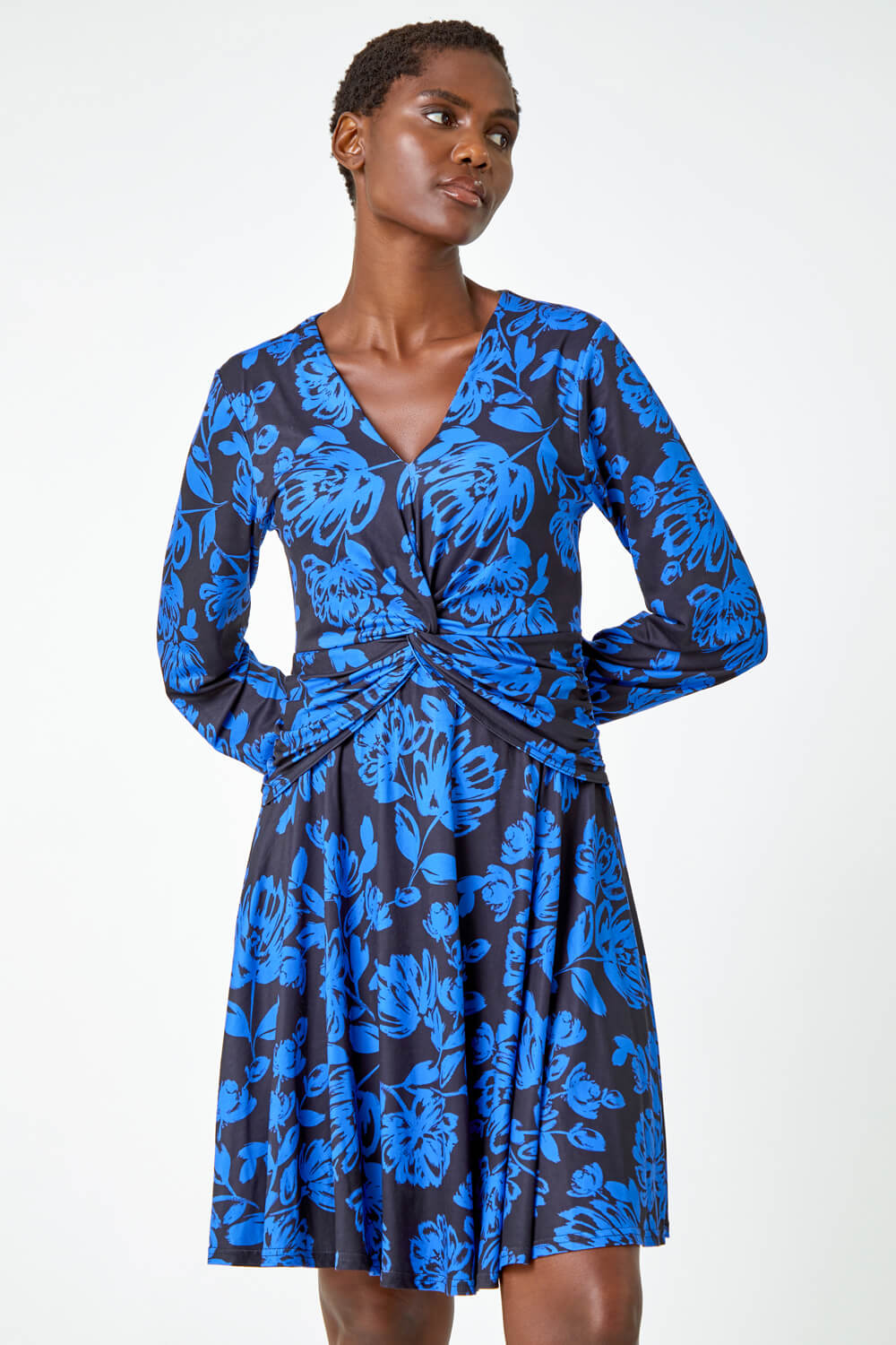 Royal Blue Floral Print Twist Detail Stretch Dress | Roman UK