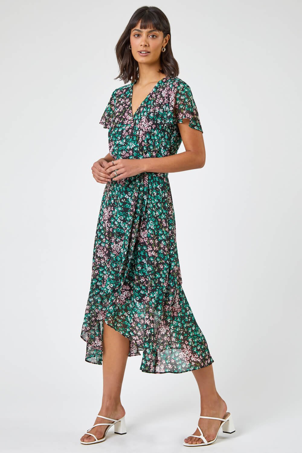Green Ditsy Floral Wrap Midi Dress, Image 3 of 5