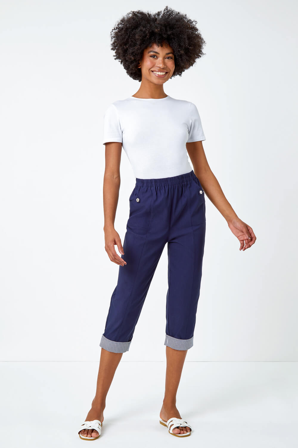 Navy  Contrast Detail Cropped Stretch Trouser, Image 3 of 5