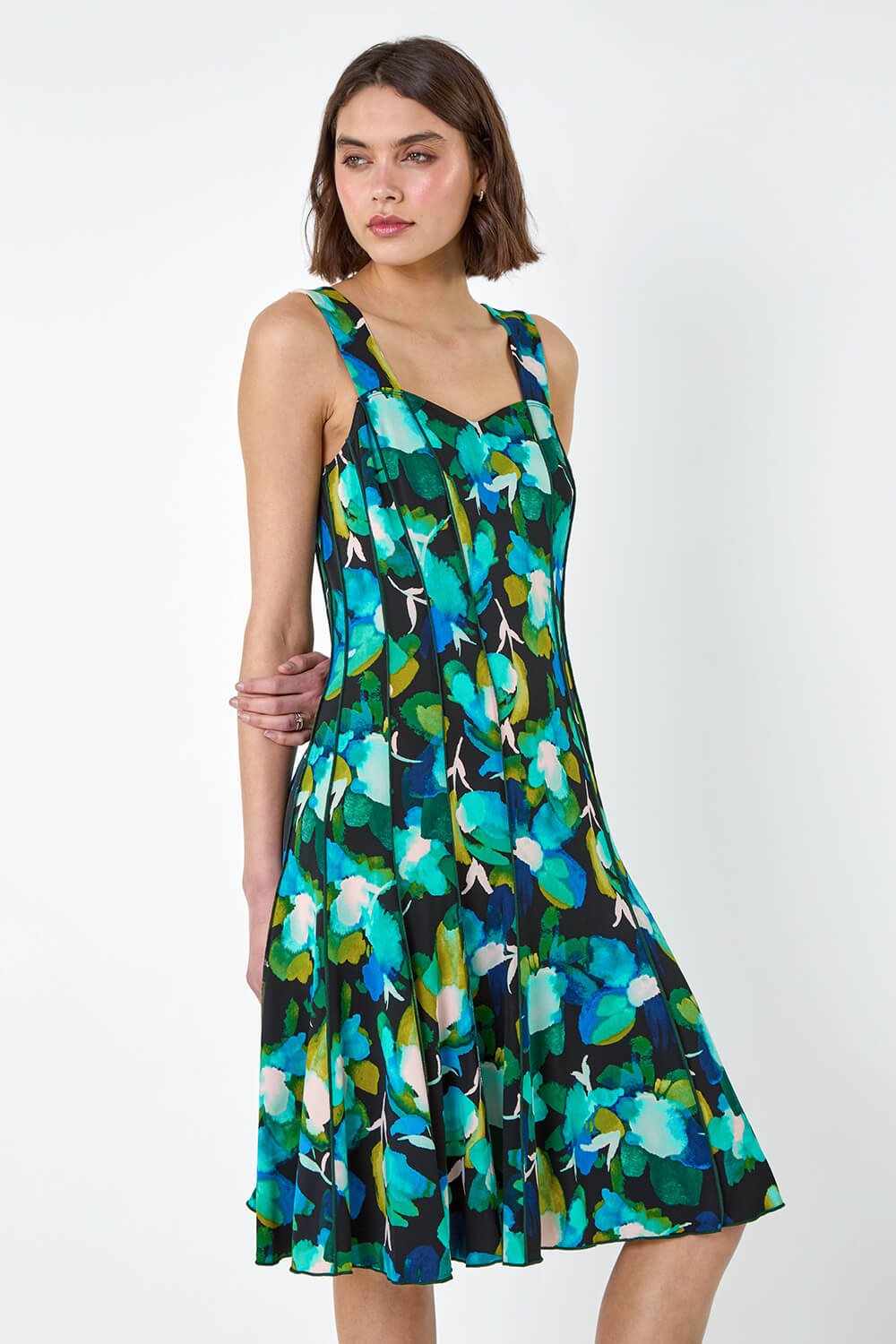 Green Abstract Floral Print Stretch Panel Dress, Image 3 of 5