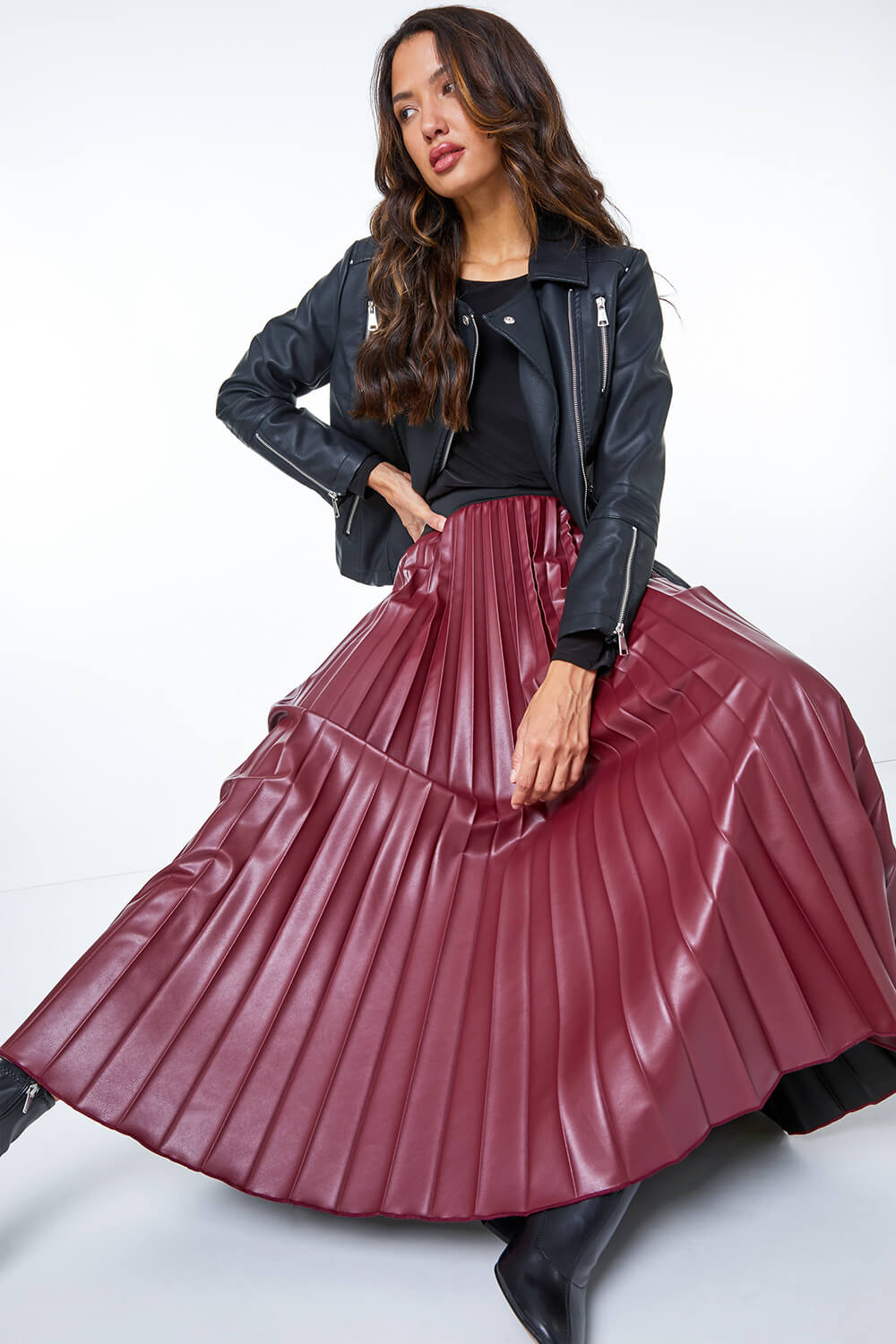 Faux Leather Pleated Maxi Skirt in Red - Roman Originals UK