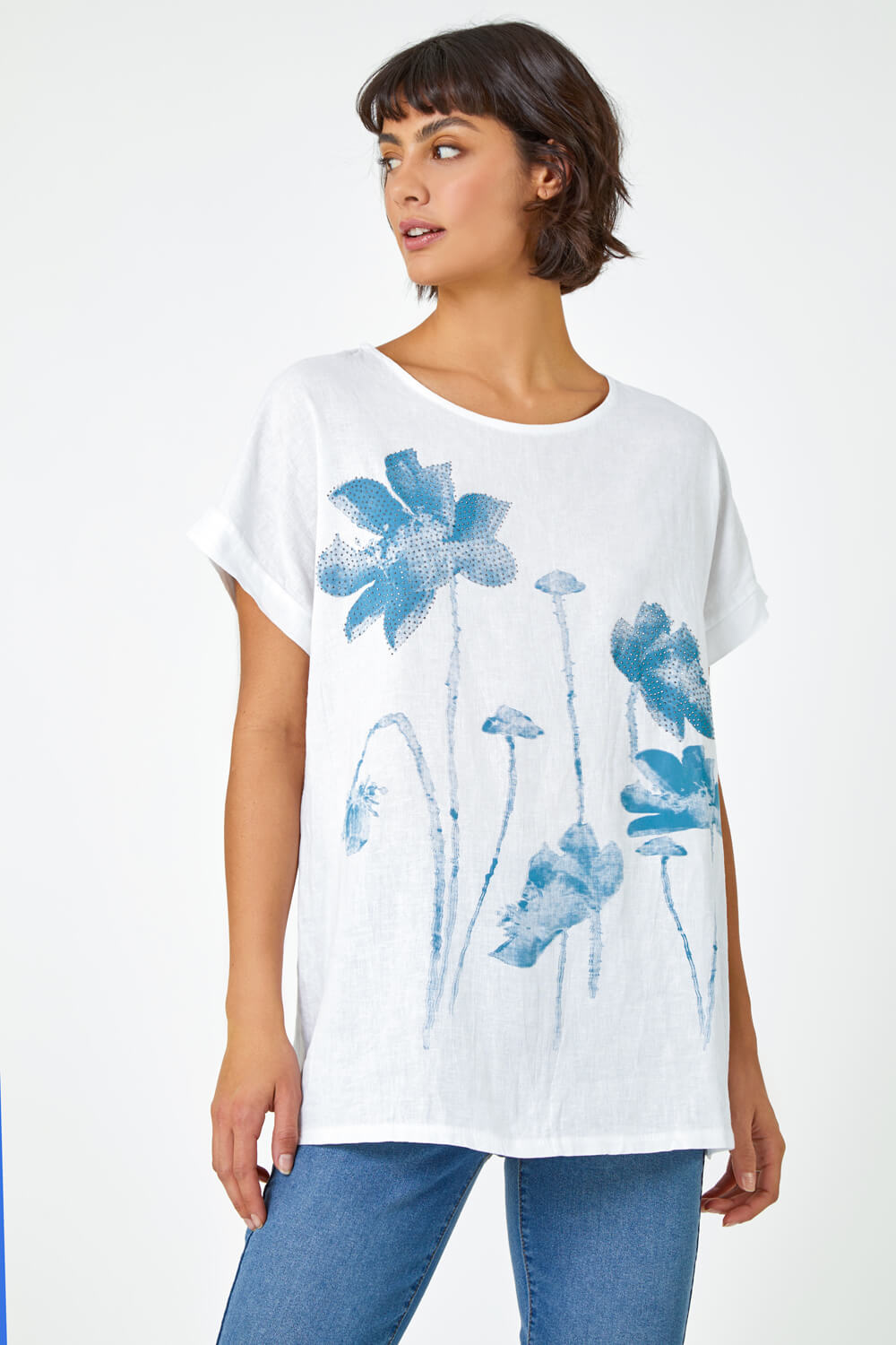 Light Blue  Embellished Floral Print Tunic Top, Image 2 of 5