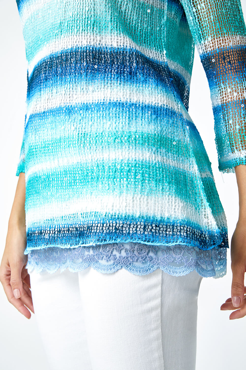 Blue Lace Trim Stripe Mesh Overlay Top, Image 5 of 5