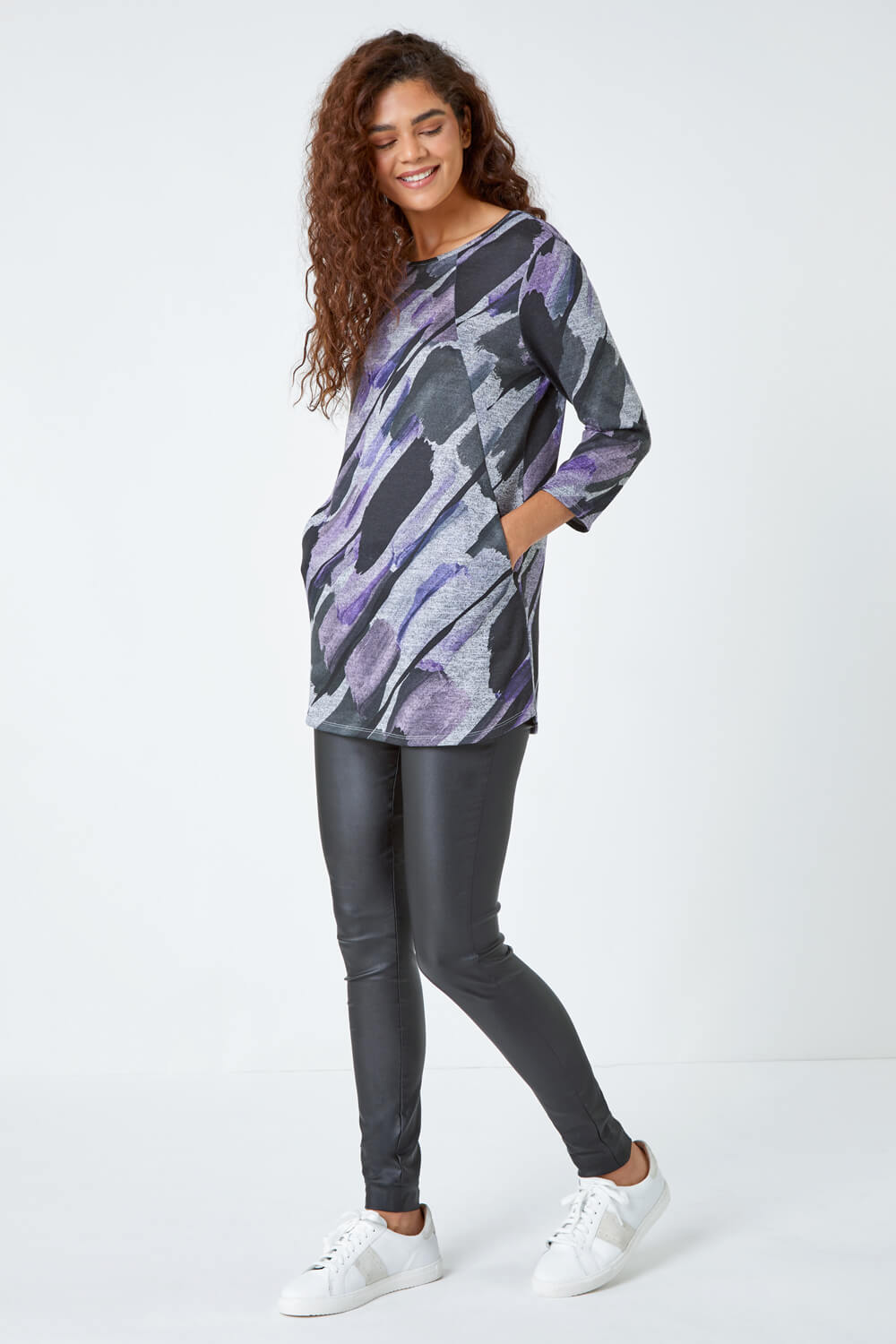 Purple Abstract Print Pocket Detail Tunic Stretch Top, Image 2 of 5