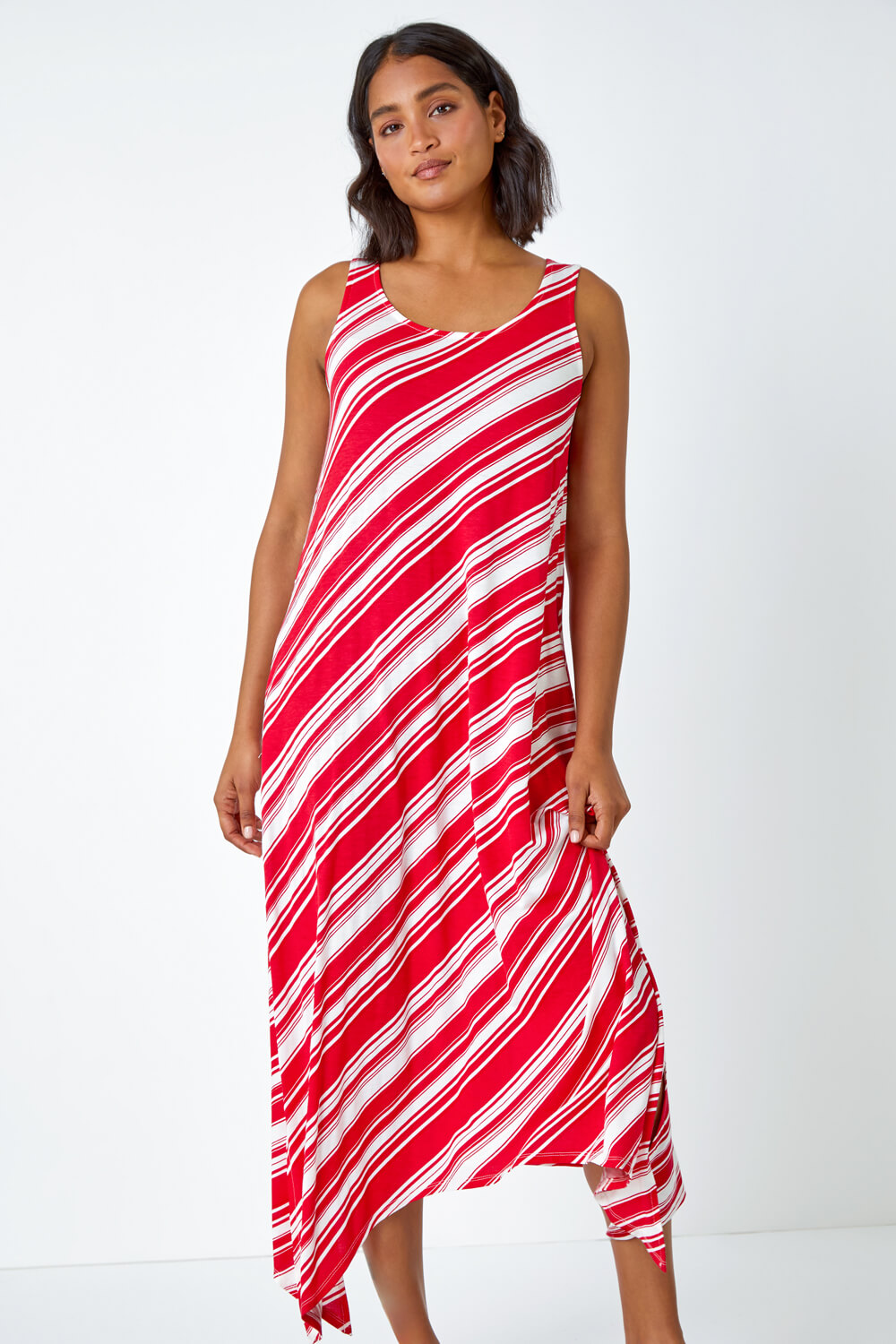 Red Stripe Print Smock Midi Stretch Dress, Image 2 of 5