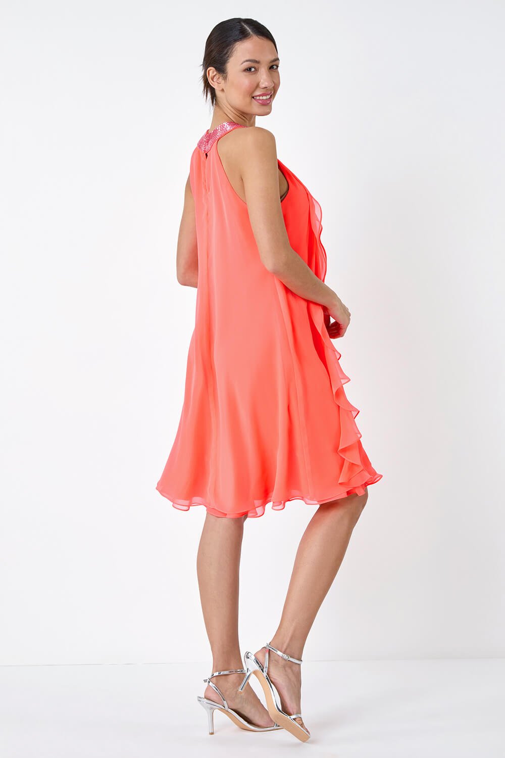 CORAL Embellished Collar Frilled Chiffon Dress, Image 3 of 5