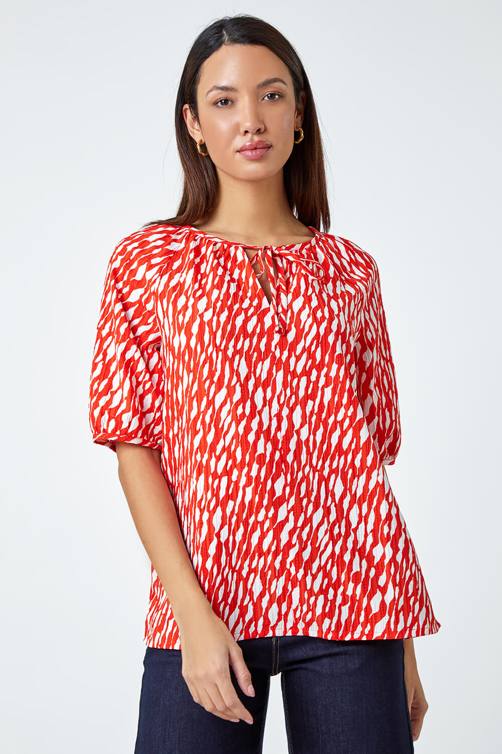 Red Abstract Print Tie Front Stretch Top, Image 4 of 5