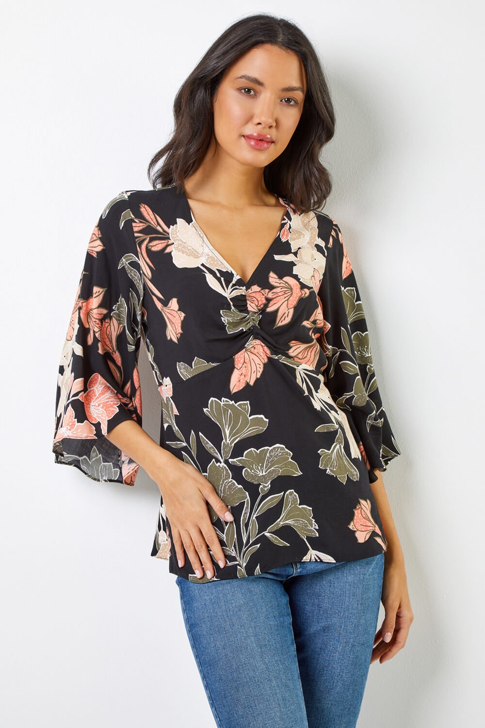 Tropical Print Ruched Tunic Top