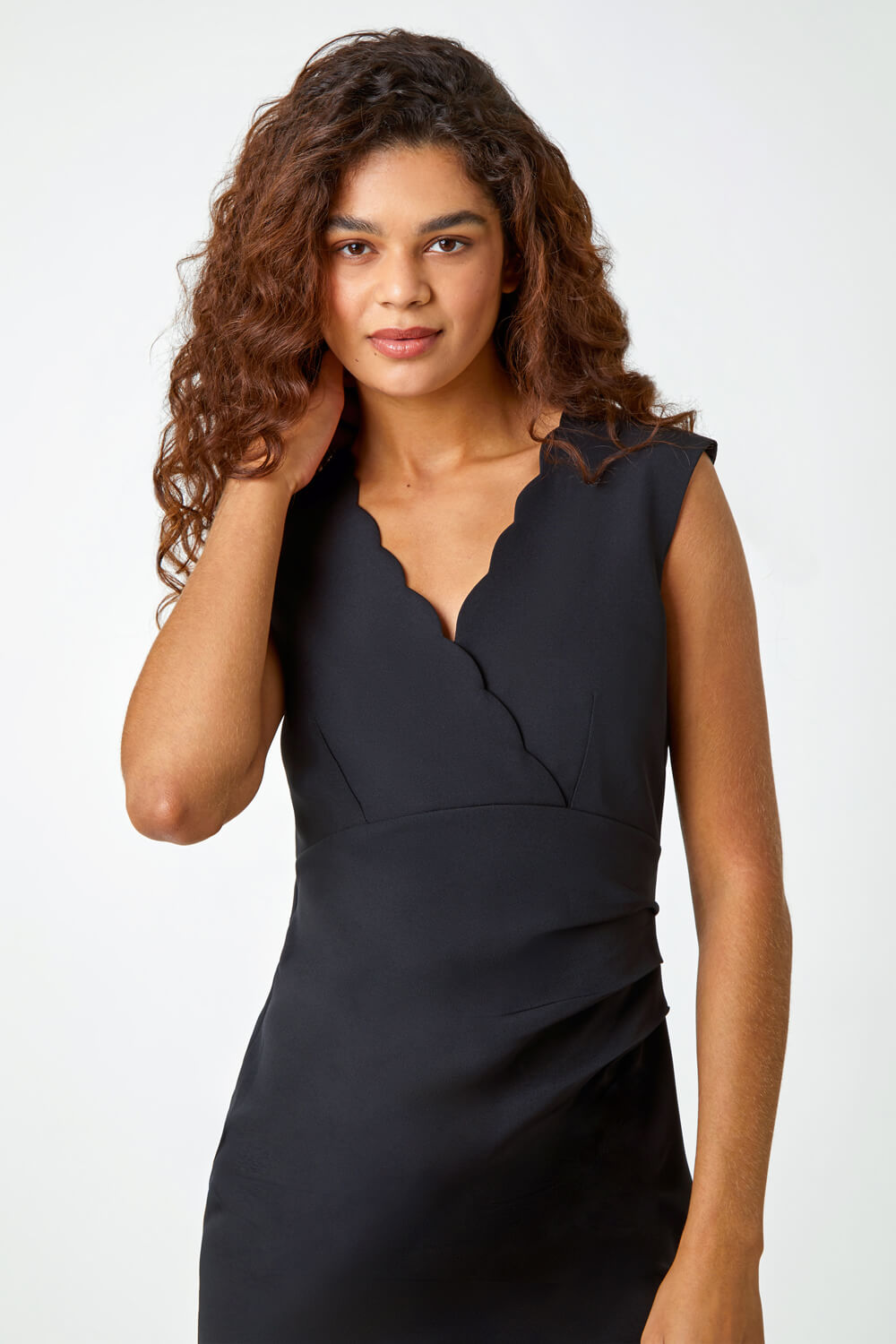Black Sleeveless Pleated Stretch Ruched Dress, Image 4 of 5
