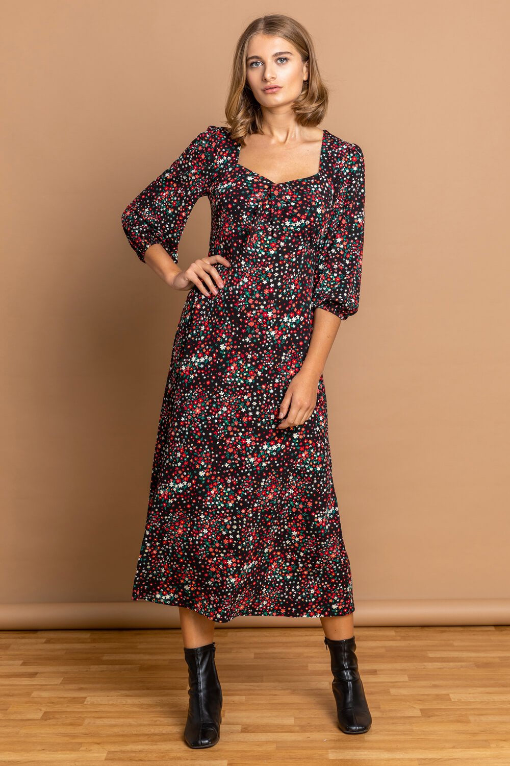 Ditsy Floral Tie Front Midi Dress