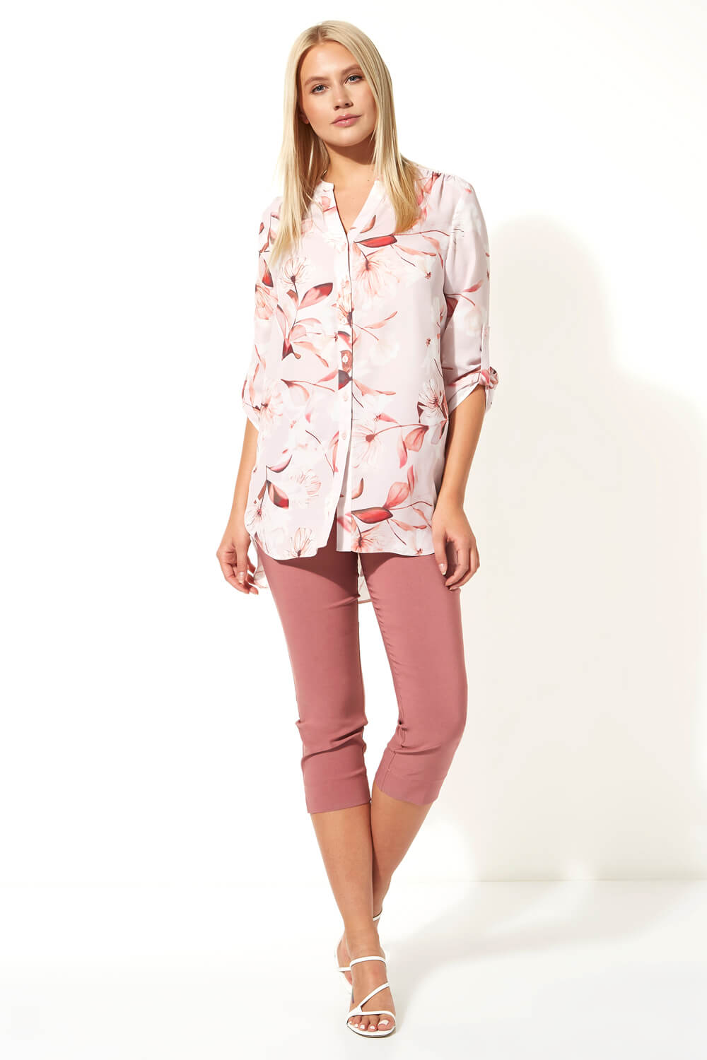 Light Pink Floral Print Roll Sleeve Shirt, Image 2 of 4