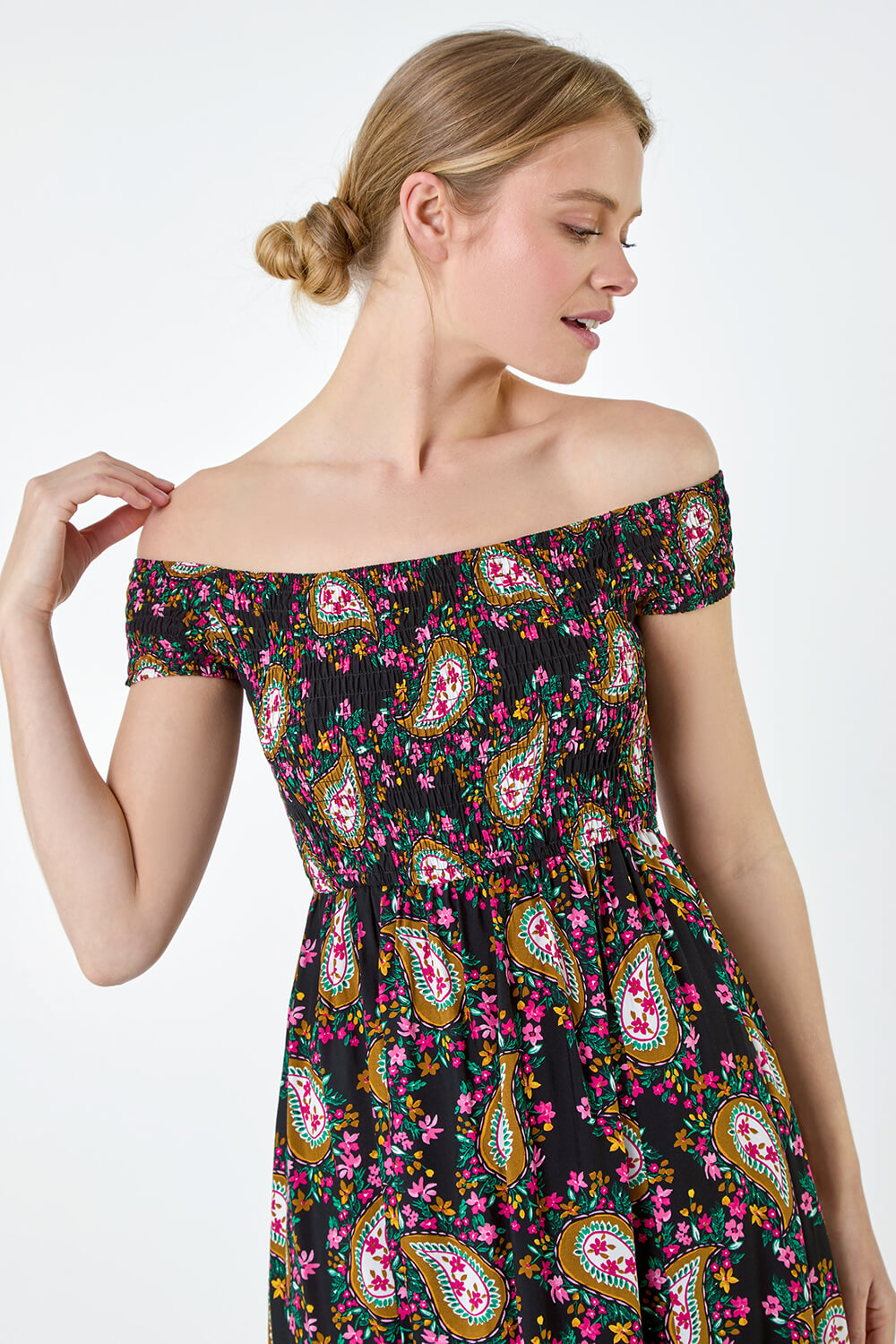 Black Paisley Shirred Bardot Maxi Dress, Image 4 of 5