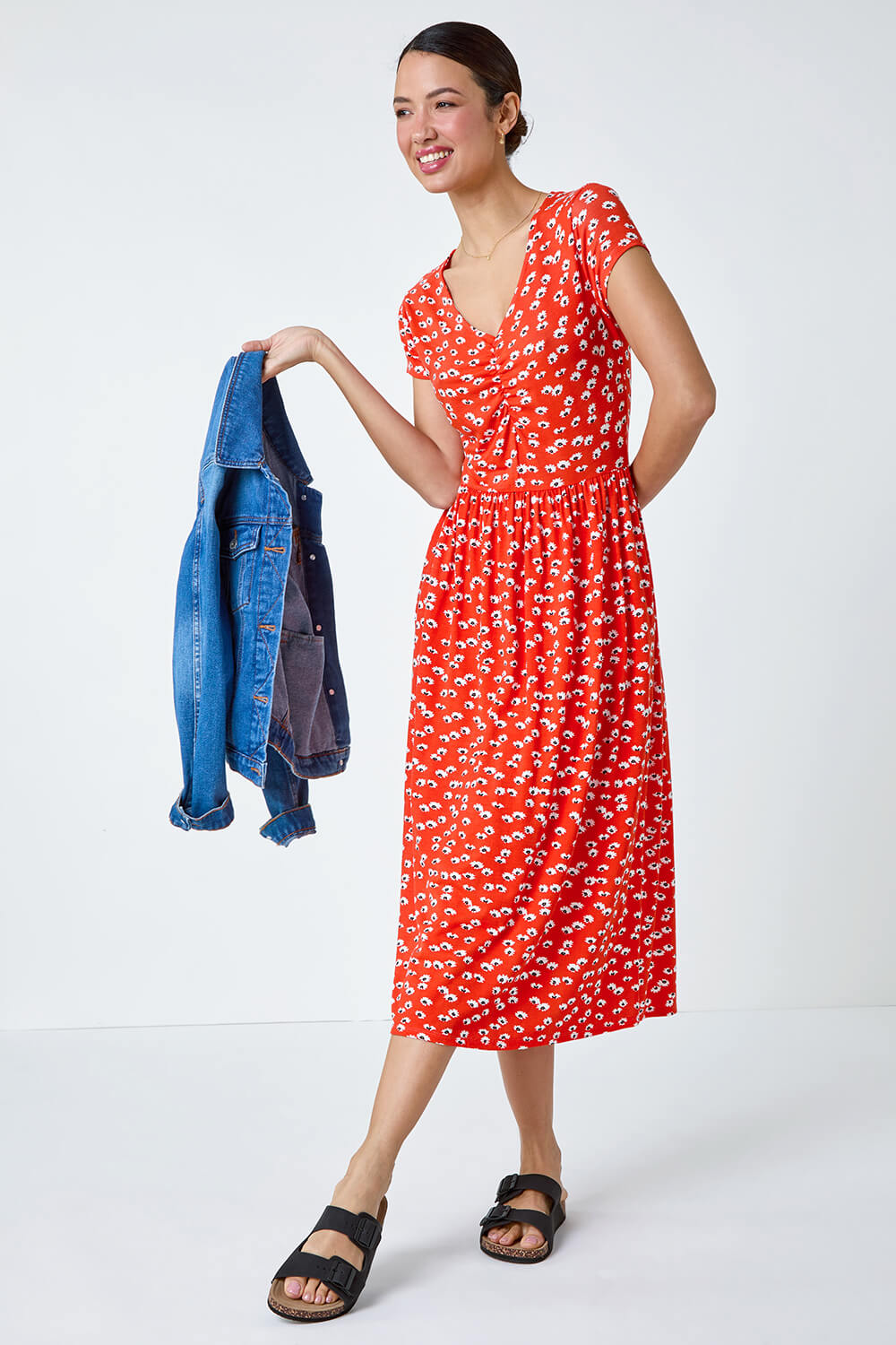 Red Ditsy Print Ruched Midi Dress, Image 2 of 5