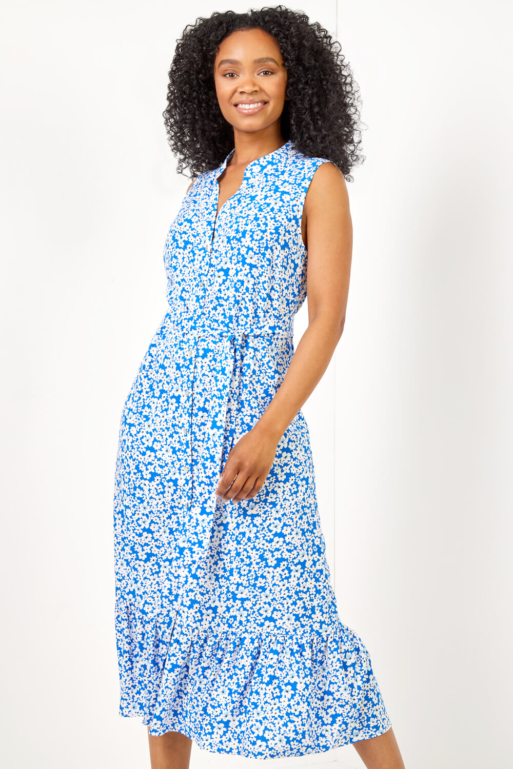 Blue Petite Ditsy Floral Print Frill Tiered Dress, Image 4 of 5