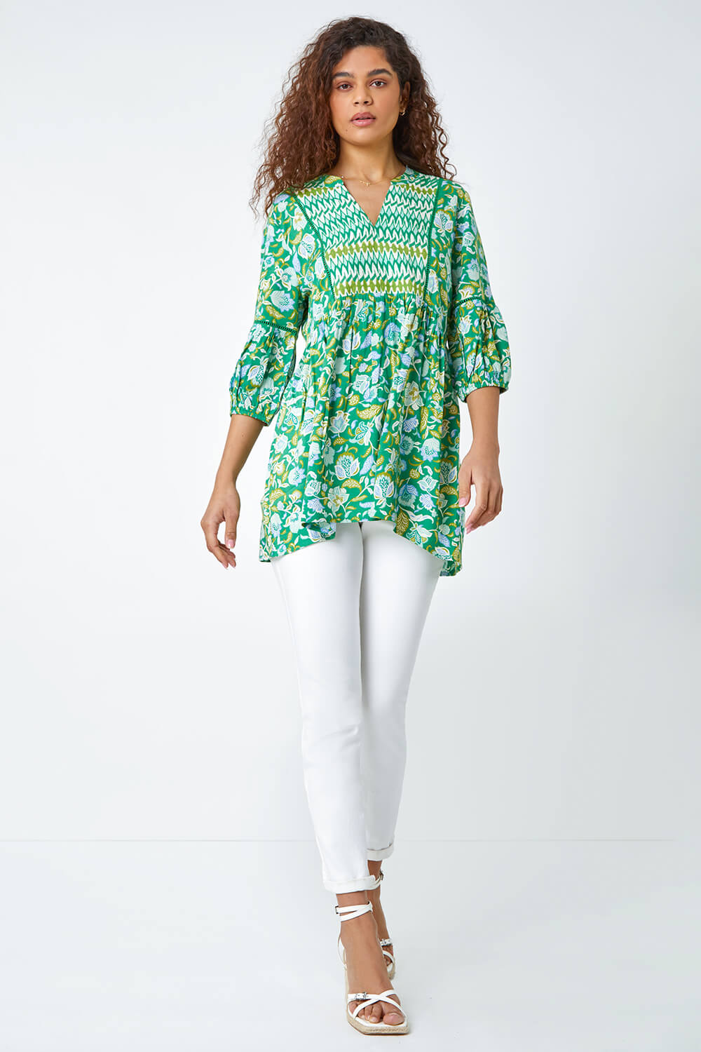 Green Cotton Abstract Floral Ladder Trim Top, Image 2 of 5