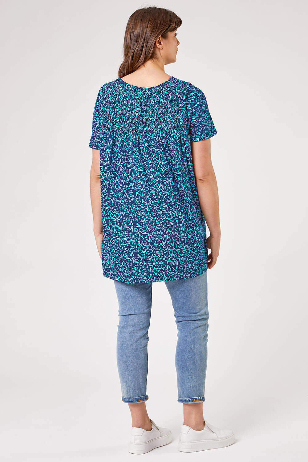 Blue Curve Ditsy Floral Shirred Top, Image 2 of 4