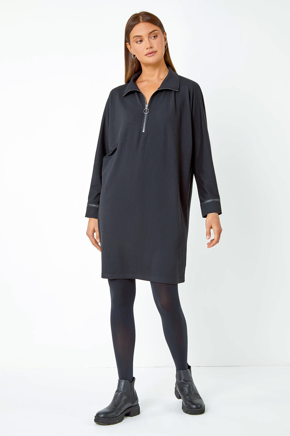 Black Zip Detail Cocoon Stretch Dress, Image 2 of 5