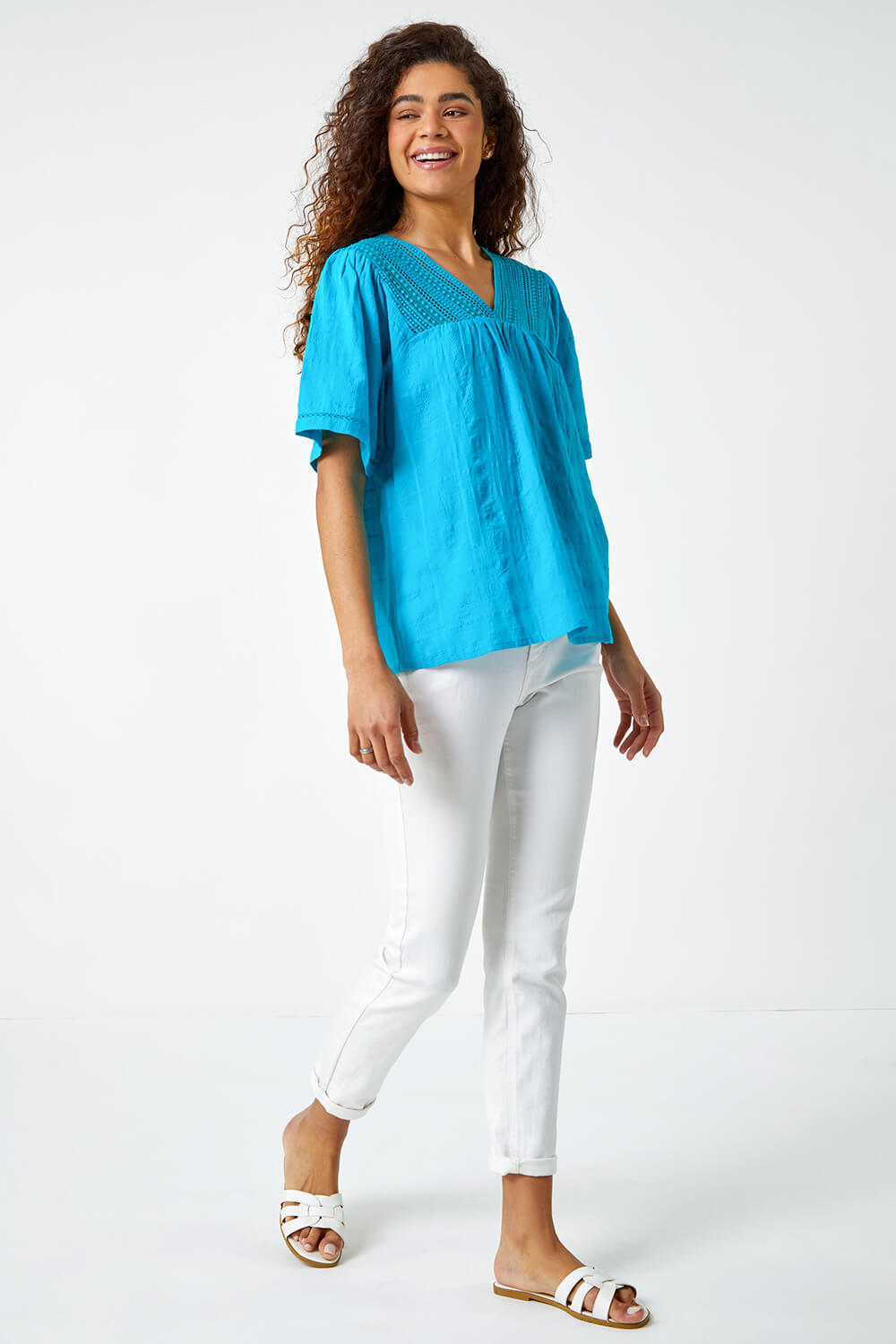 Turquoise Lace Detail Cotton T-Shirt, Image 4 of 5