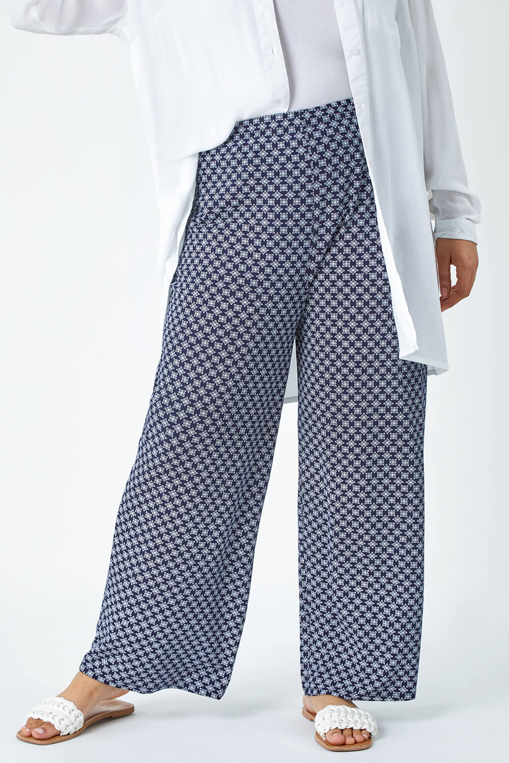 Navy  Curve Geometric Wide Leg Stretch Trousers, Image 4 of 5