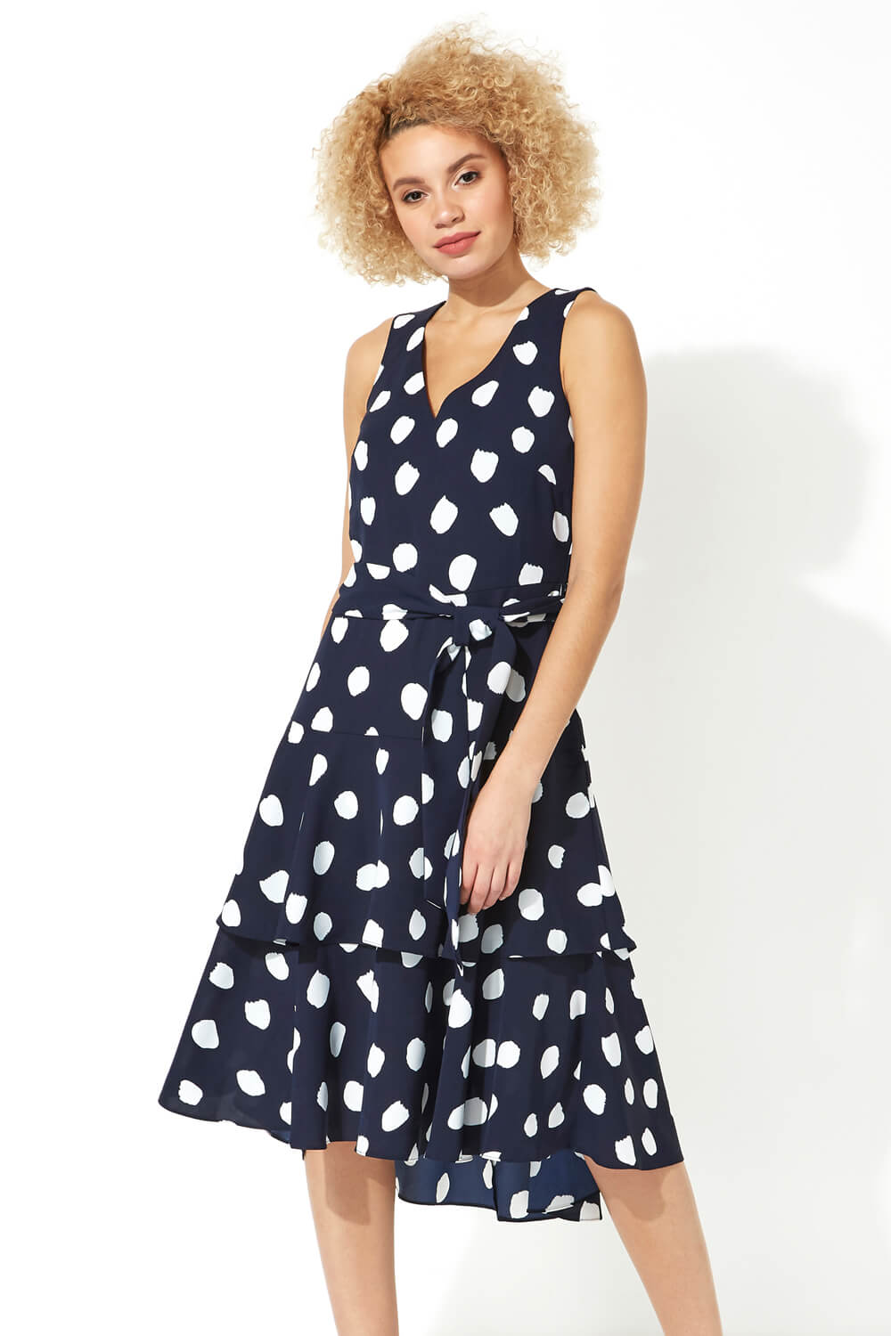Navy  Spot Frill Tiered Belted Dress, Image 2 of 5