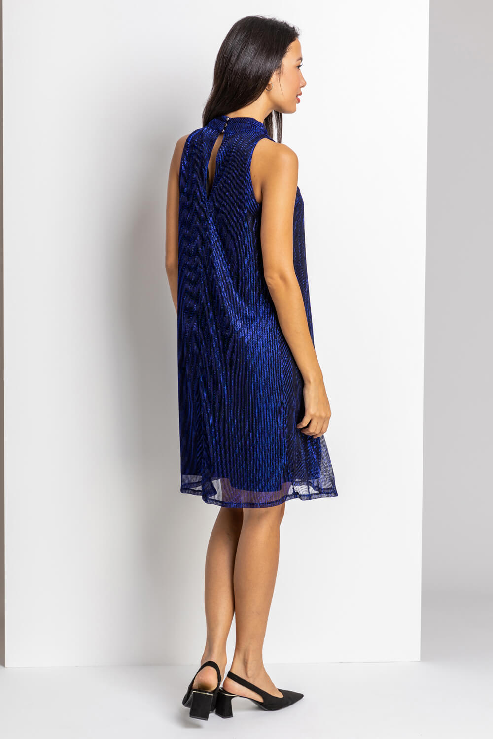 Royal Blue Shimmer Cutaway High Neck Dress, Image 2 of 4