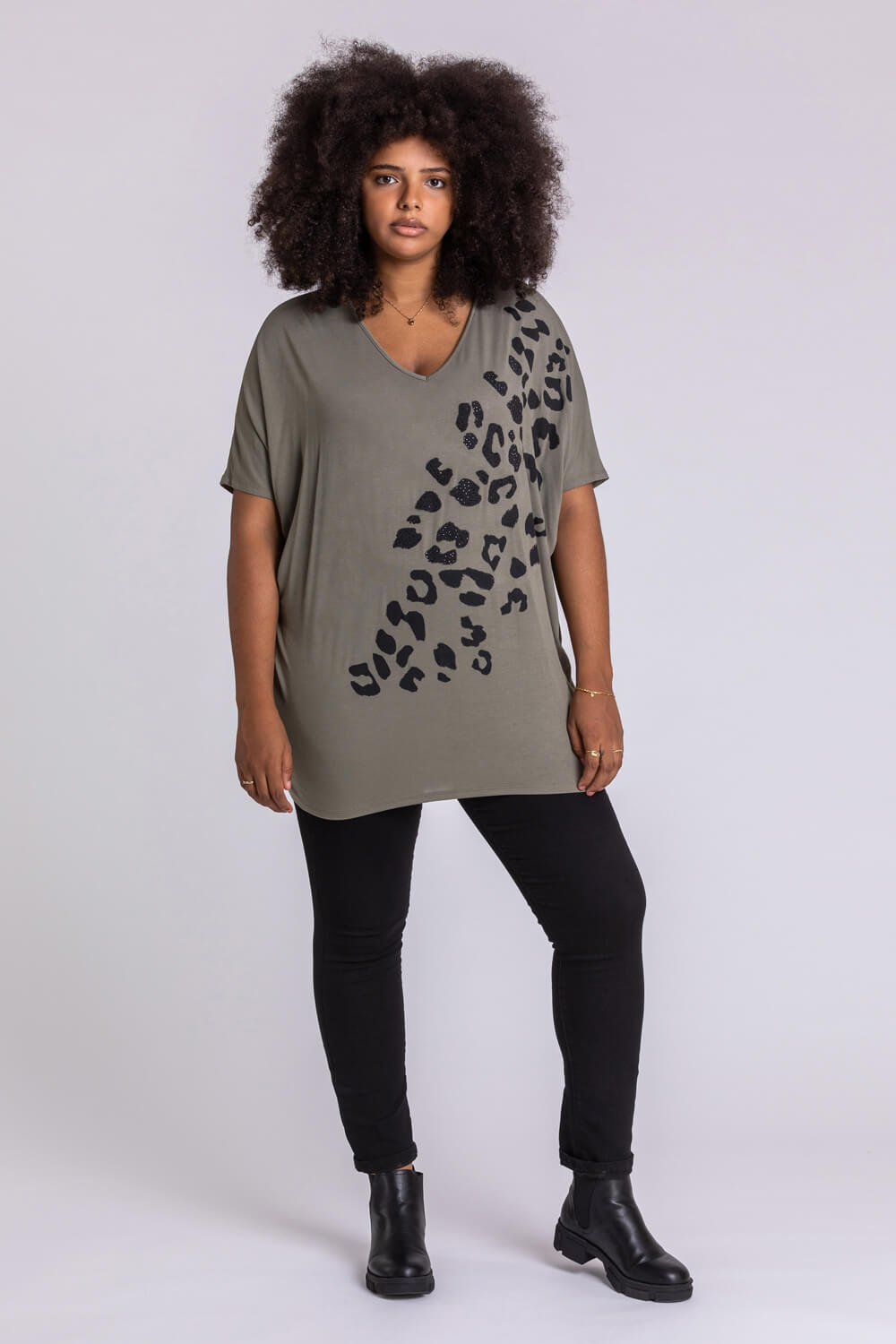 KHAKI Curve Embellished Animal Print T-Shirt, Image 3 of 4