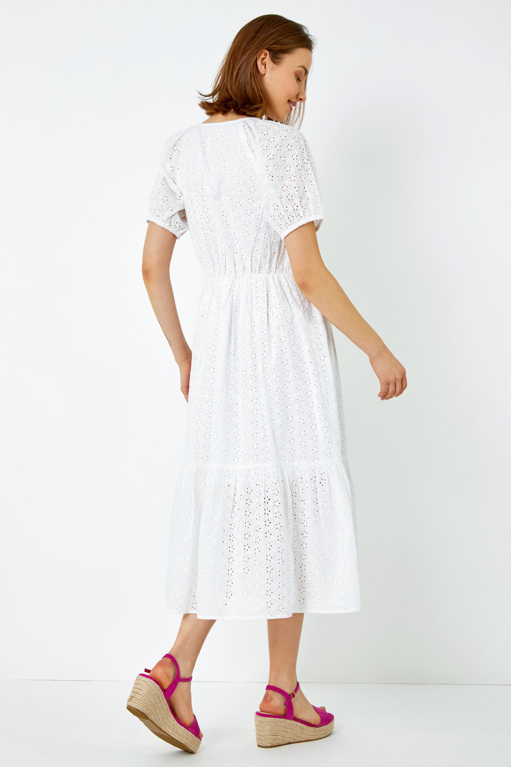 White Broderie Puff Sleeve Cotton Midi Dress, Image 3 of 5