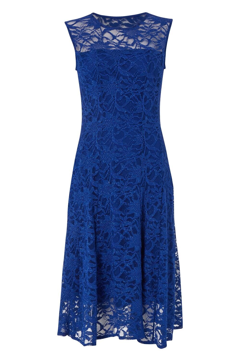 Glitter Lace Fit and Flare Dress in Royal Blue - Roman Originals UK