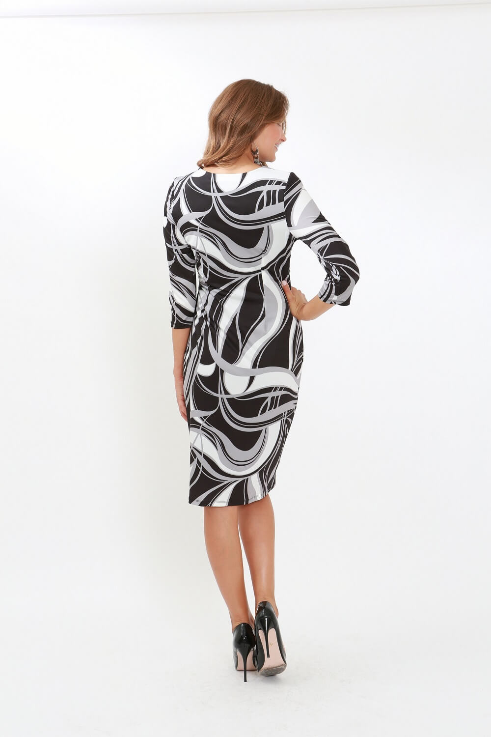 Grey Julianna Swirl Print 3/4 Sleeve Ruched Dress, Image 3 of 3