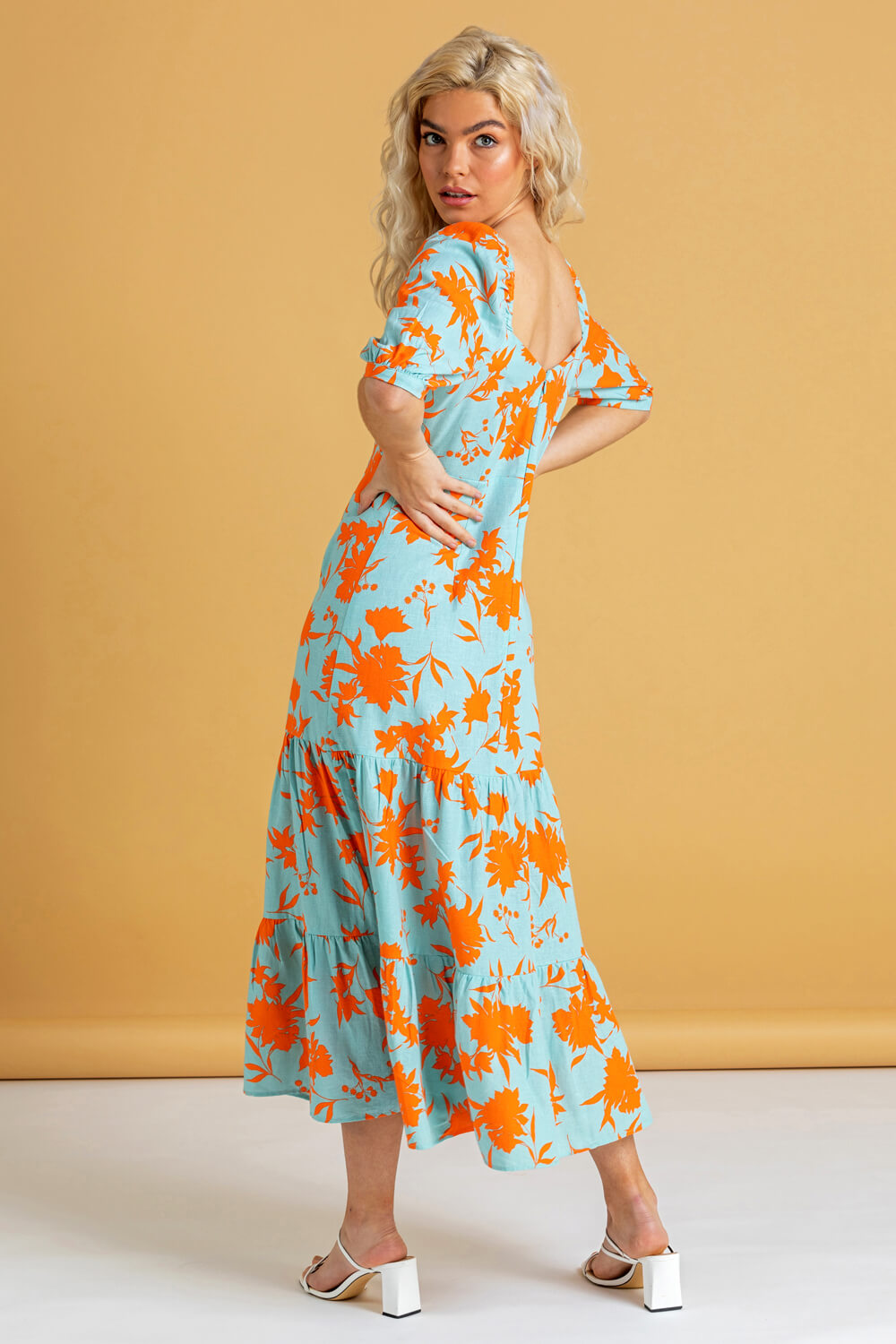 Orange Button Through Floral Print Midi Dress | Roman UK
