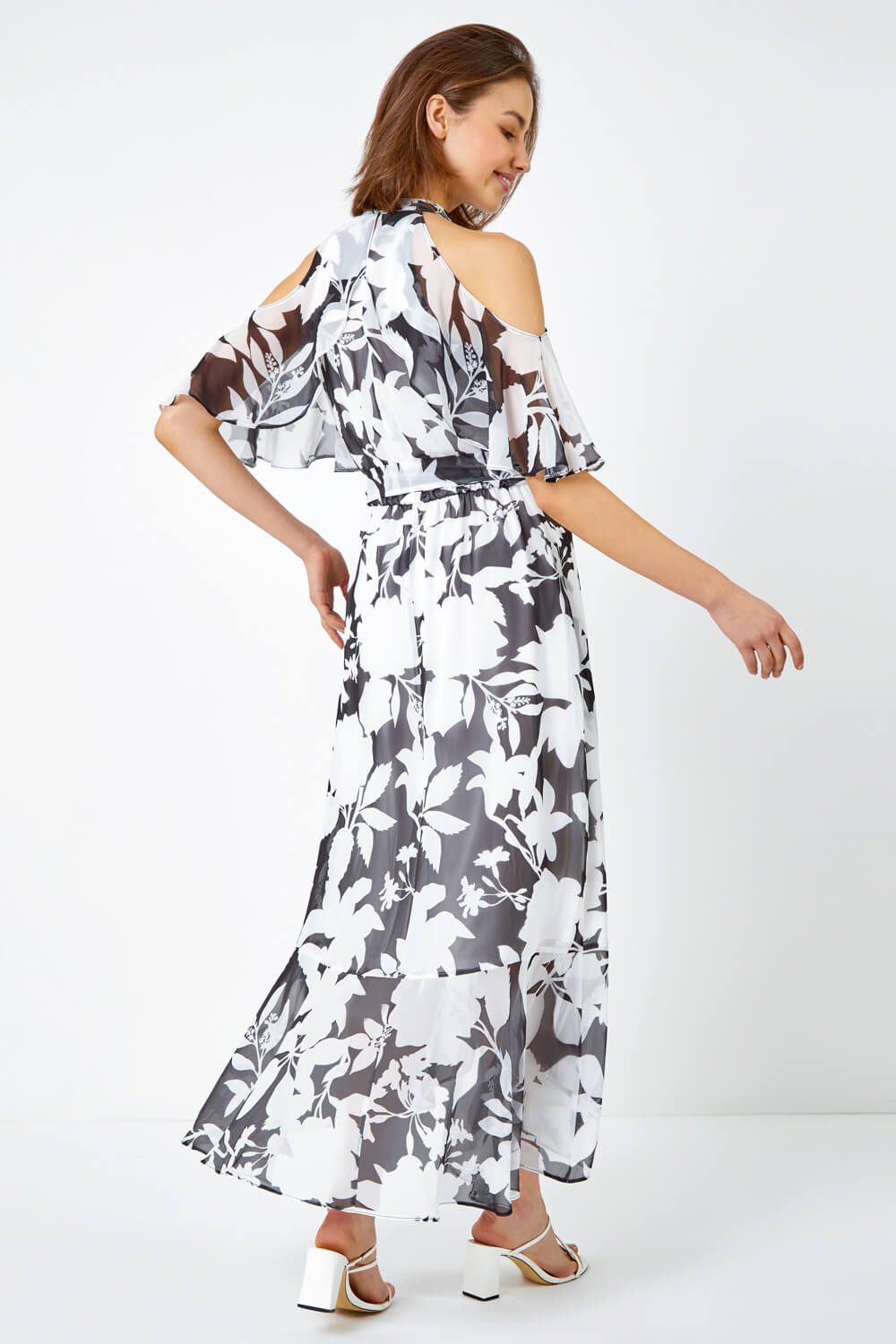 Black Floral Cold Shoulder Chiffon Maxi Dress, Image 4 of 5