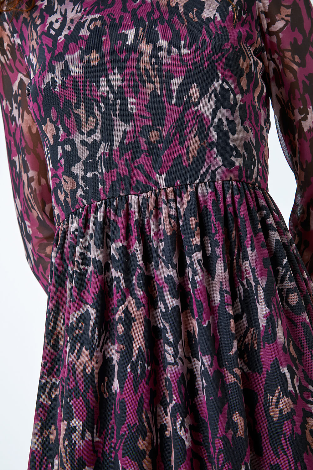 Plum Abstract Print Mesh Midi Stretch Dress, Image 5 of 5