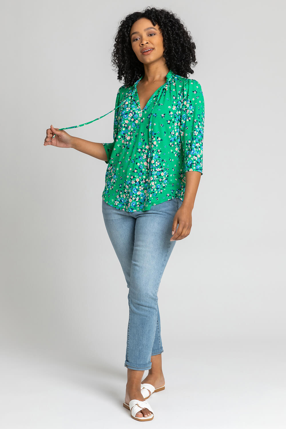 Green Petite Floral Print Tie Neck Top, Image 3 of 5