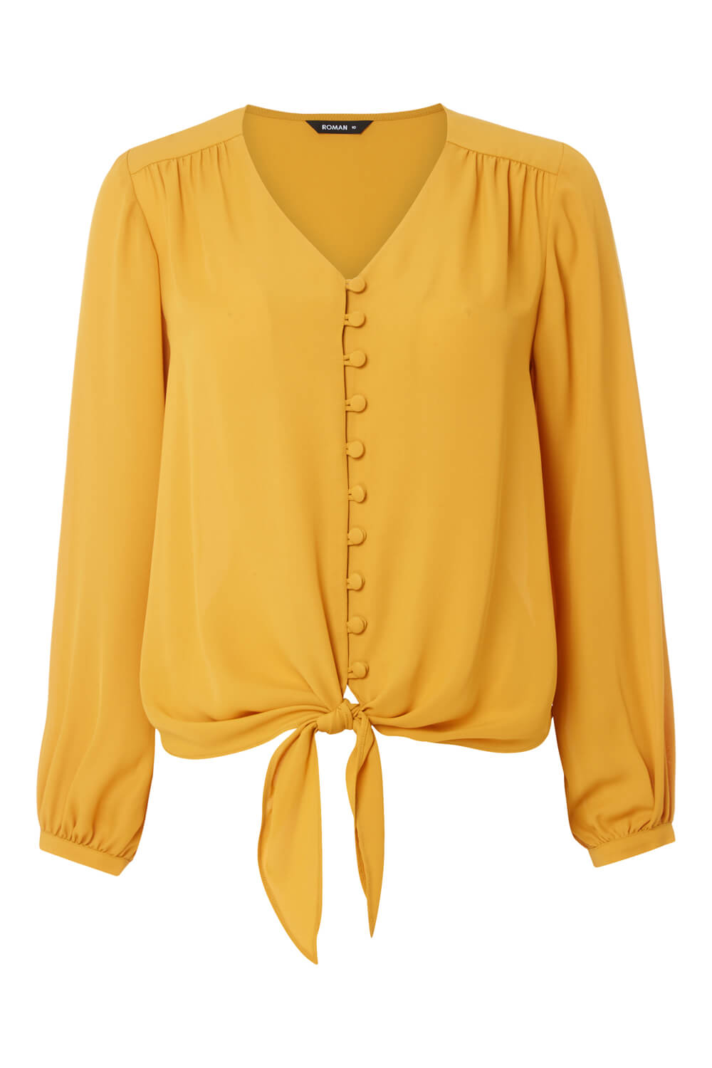 Mustard Button Tie Front Blouse, Image 4 of 4