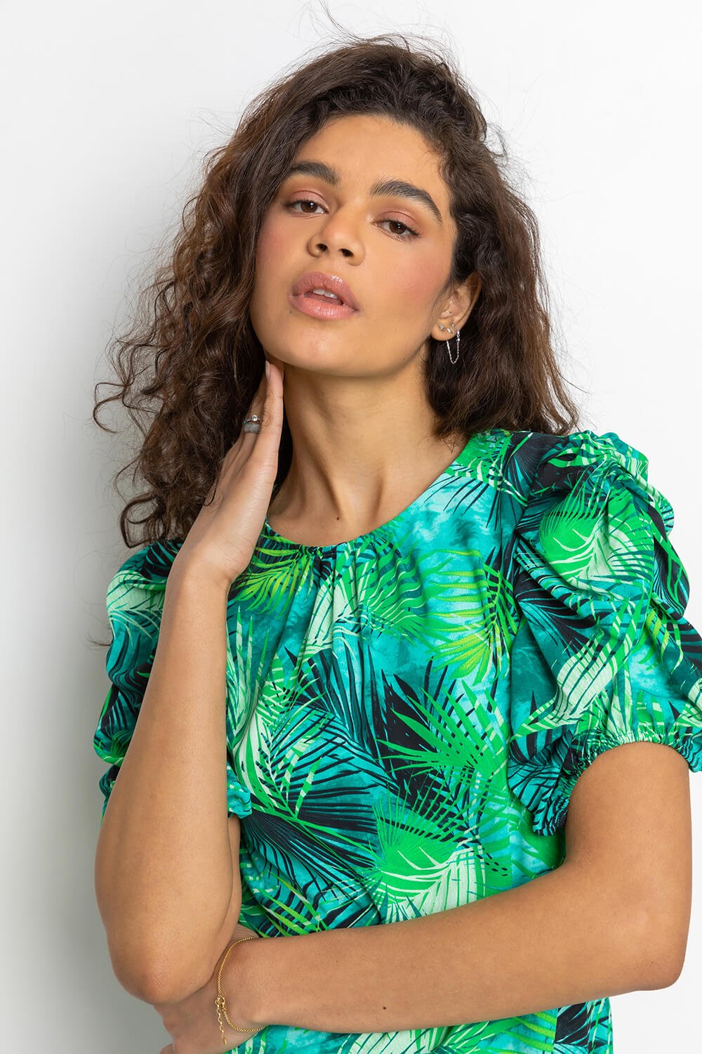 Green Tropical Print Puff Sleeve Top, Image 4 of 4