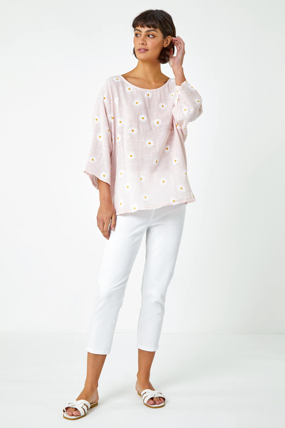 Light Pink Daisy Print Cotton Tunic Top, Image 2 of 5