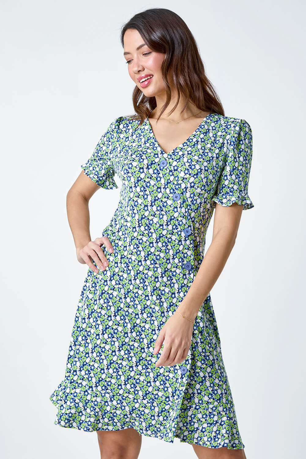 Green Ditsy Floral Side Button Dress, Image 4 of 5