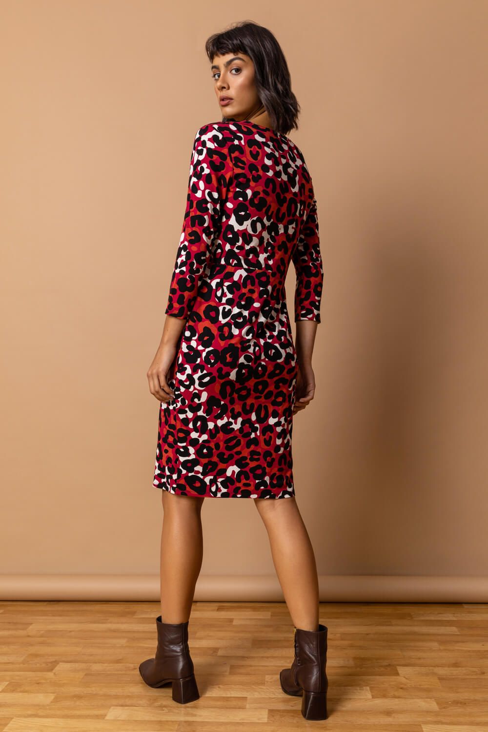 Copper Animal Print Fitted Wrap Dress, Image 2 of 4