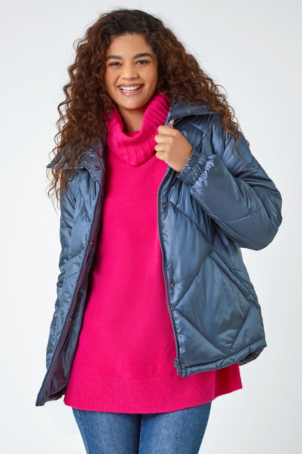 Steel Blue Diamond Quilted Puffer Coat, Image 2 of 5