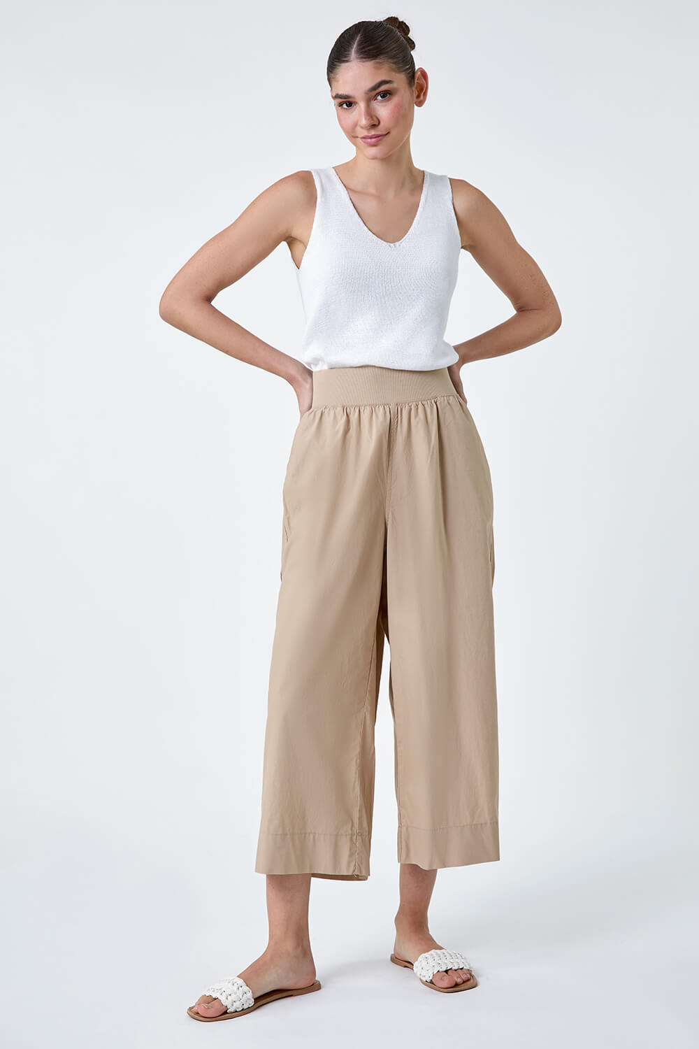 Natural  Wide Leg Cotton Culottes, Image 2 of 5