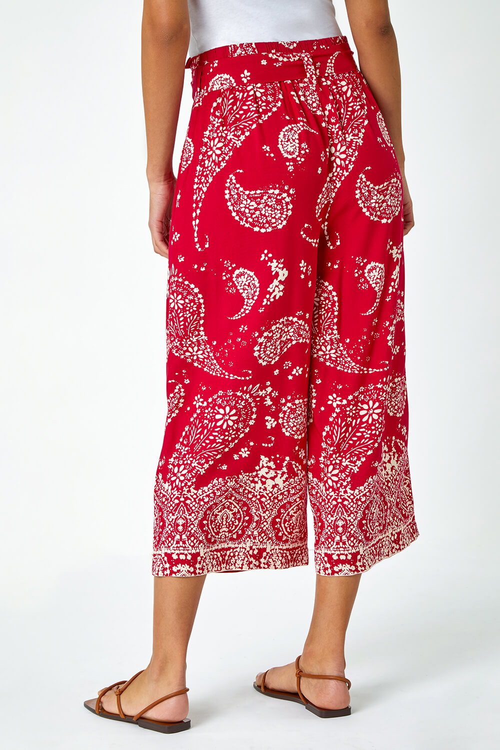 Red Paisley Print Wide Leg Cropped Trousers, Image 3 of 5