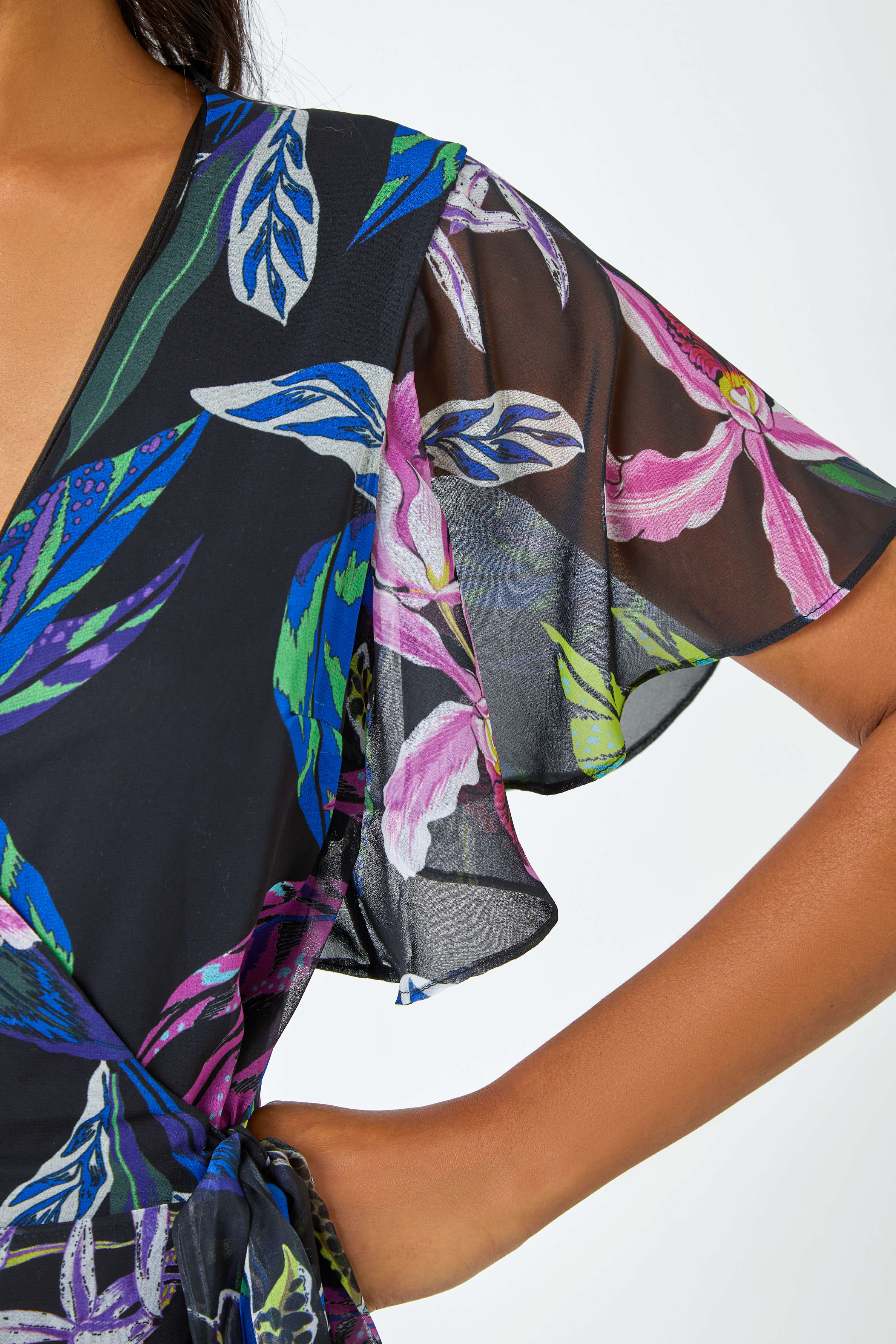 Black Tropical Print Tiered Midi Wrap Dress, Image 5 of 5