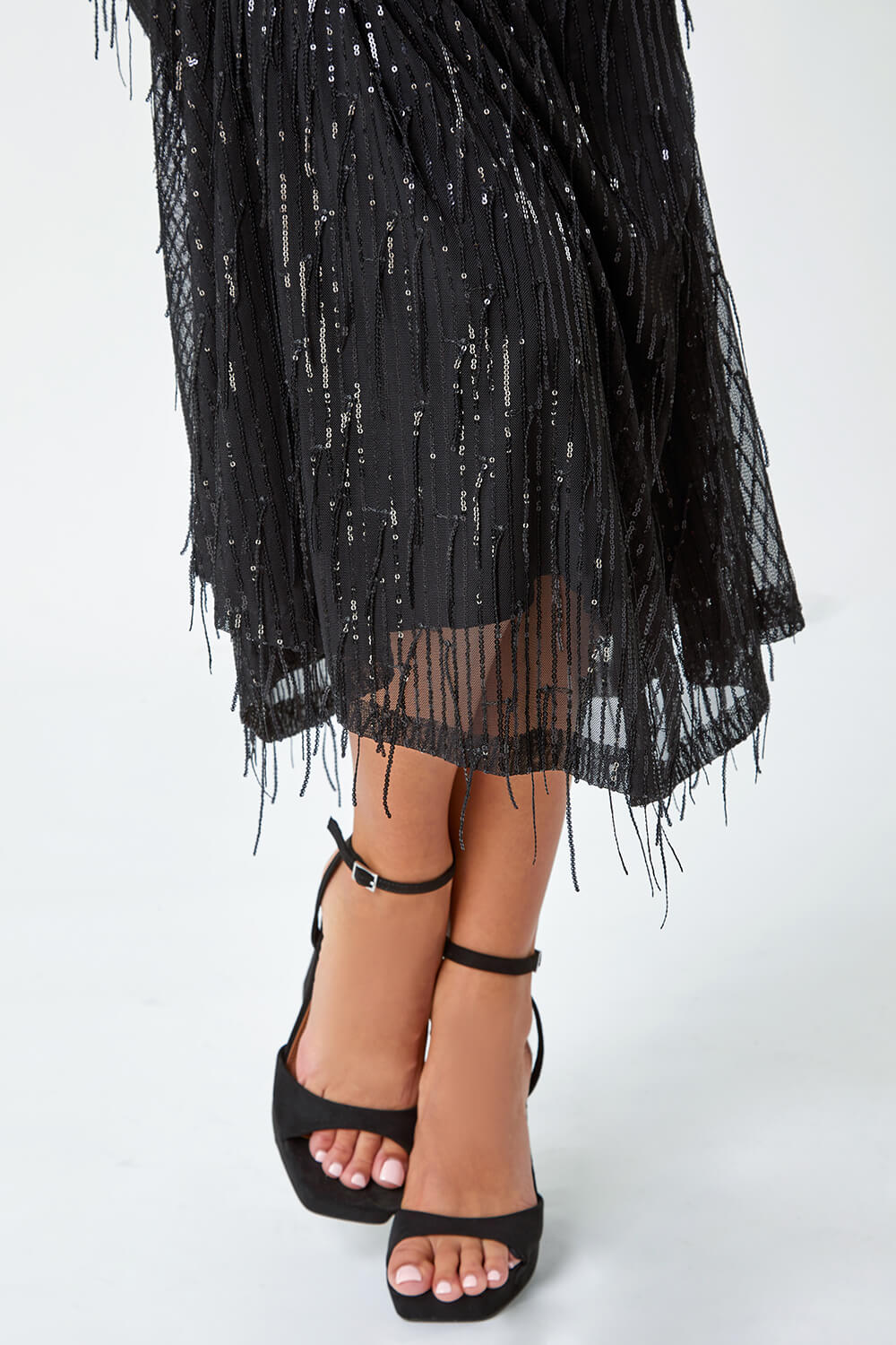 Black Sequin Tassel Midi Stretch Dress, Image 5 of 5
