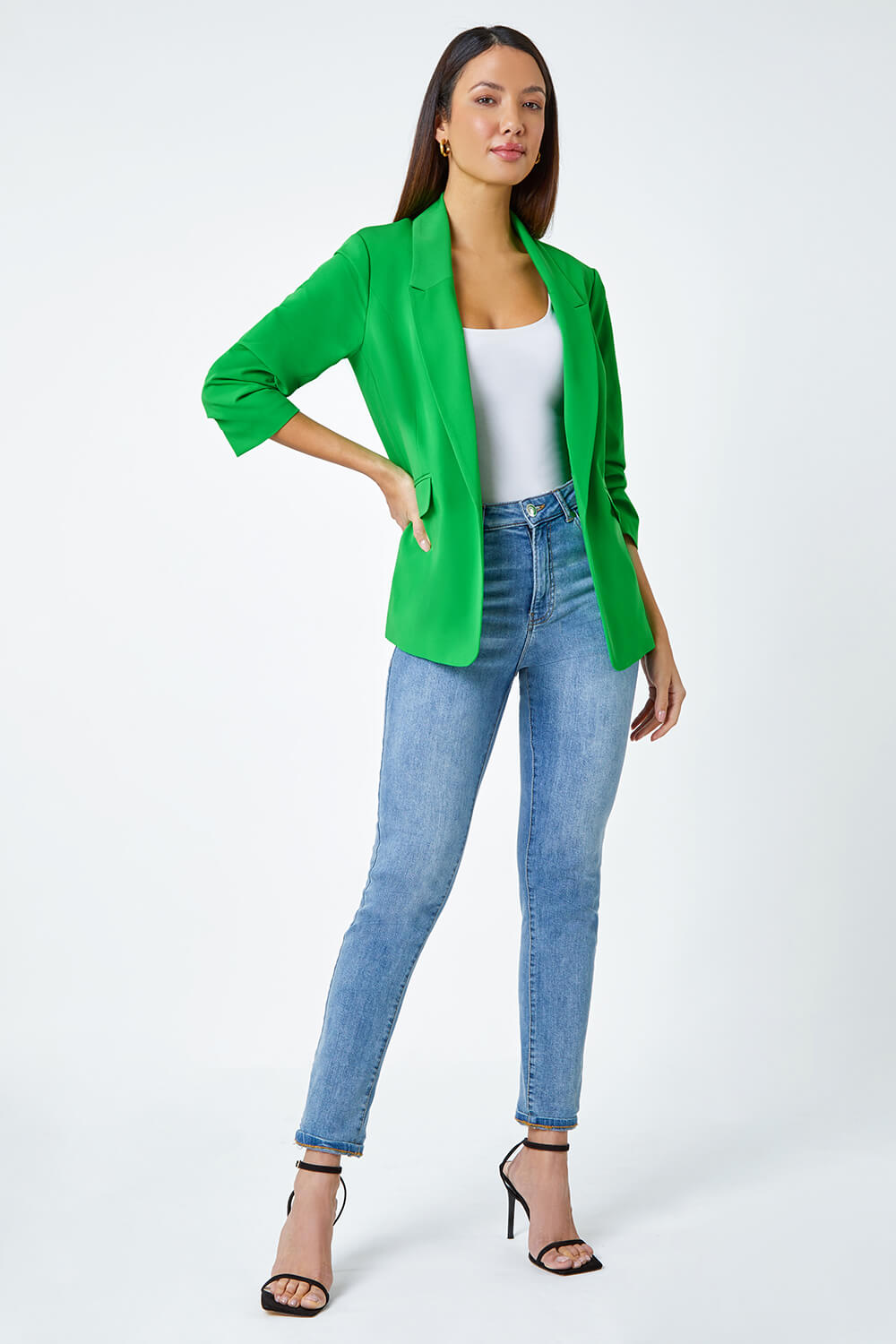 Green Ruched Sleeve Stretch Blazer , Image 2 of 4