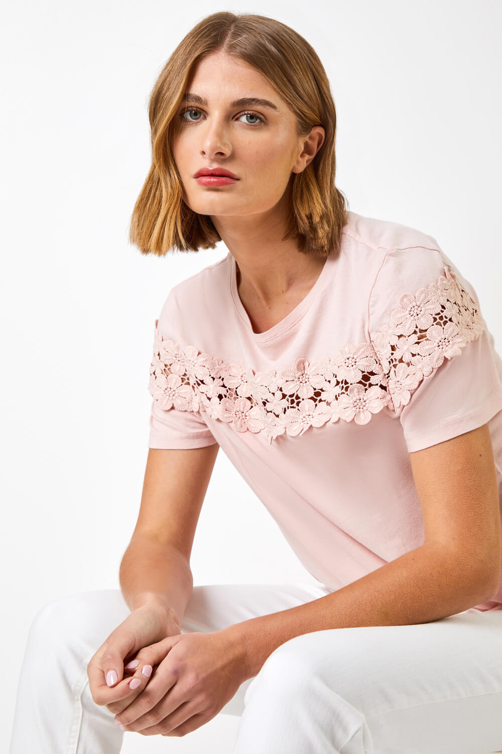 Light Pink Lace Detail Jersey T-Shirt, Image 4 of 4