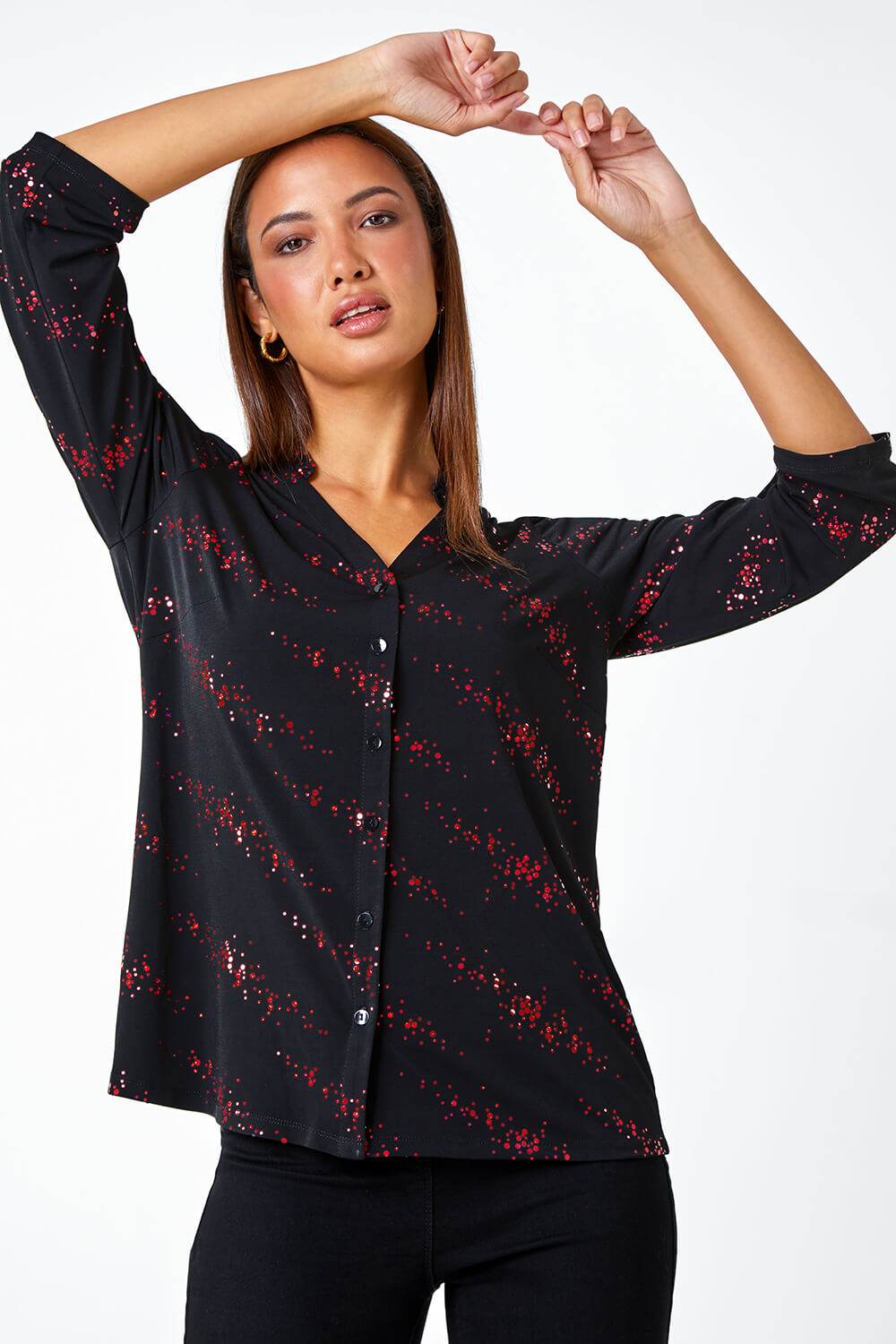 Red Metallic Spot Print Stretch Blouse, Image 2 of 5