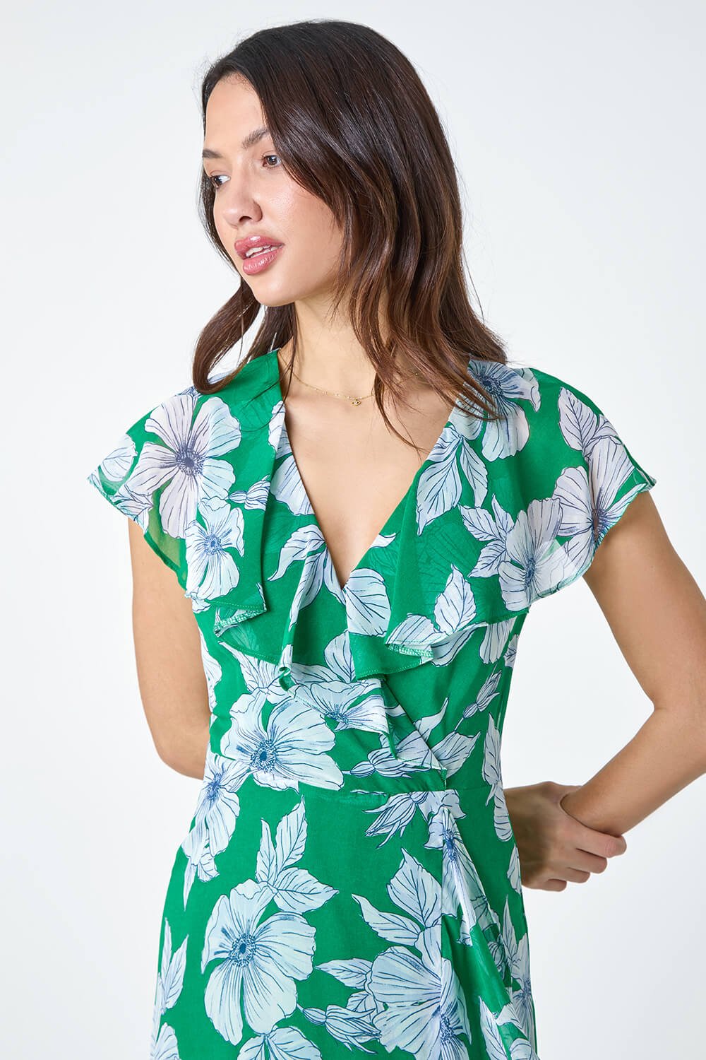 Floral Print Frill Midi Dress in Green - Roman Originals UK