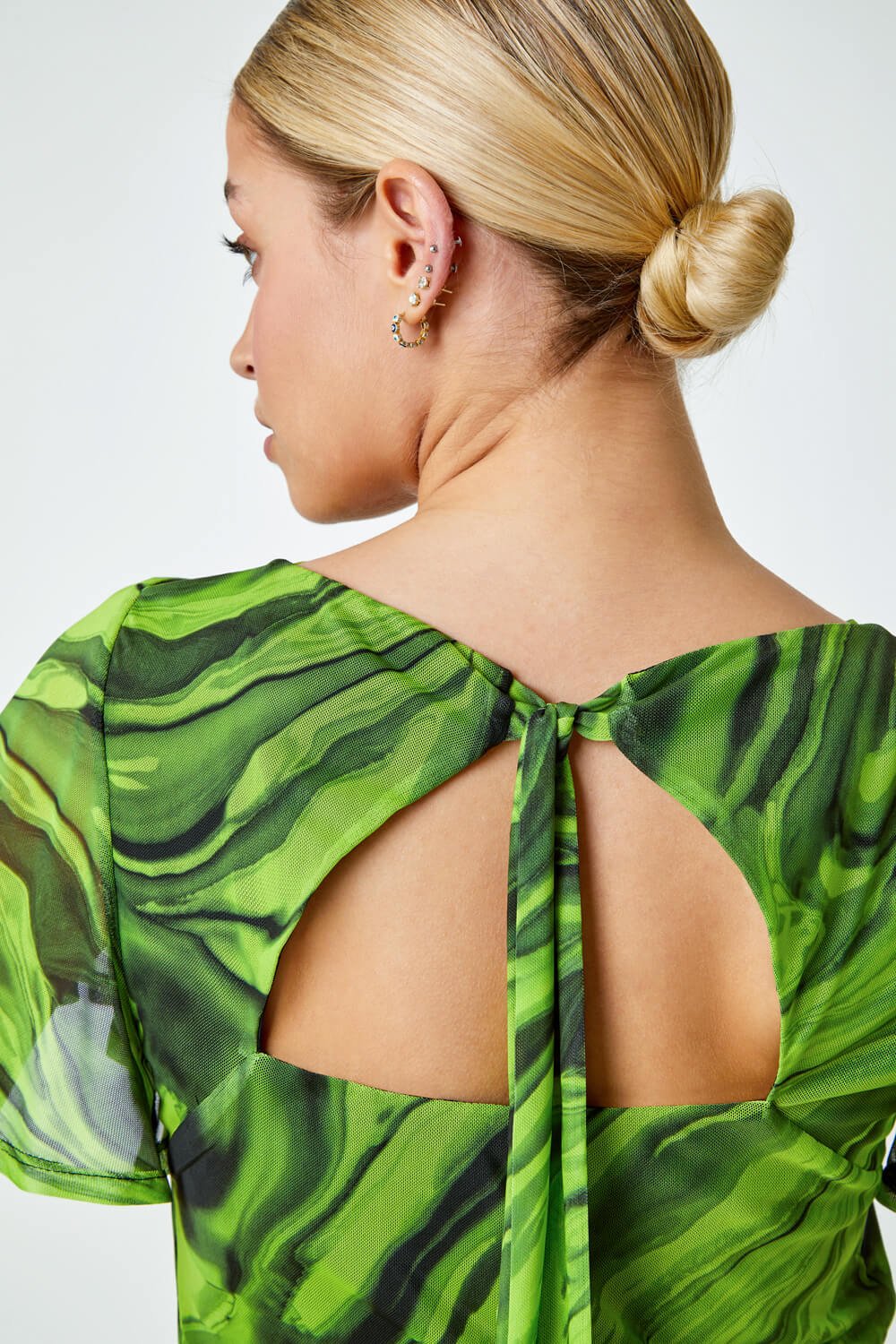 Green Swirl Print Stretch Cut Out Top, Image 5 of 5