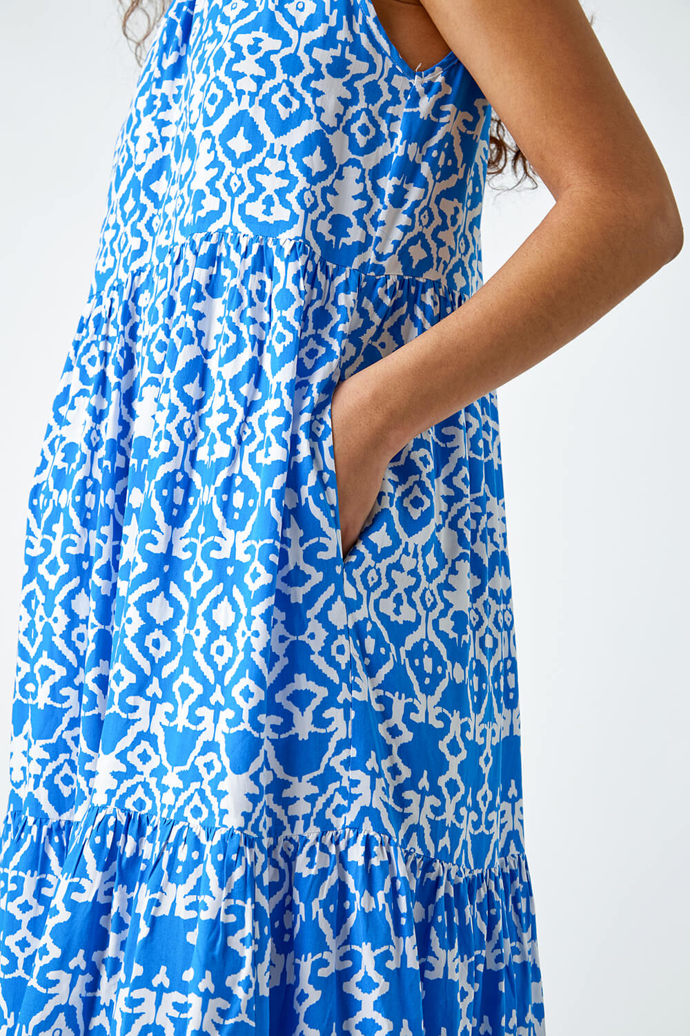 Blue Aztec Tiered Smock Midi Dress, Image 5 of 5