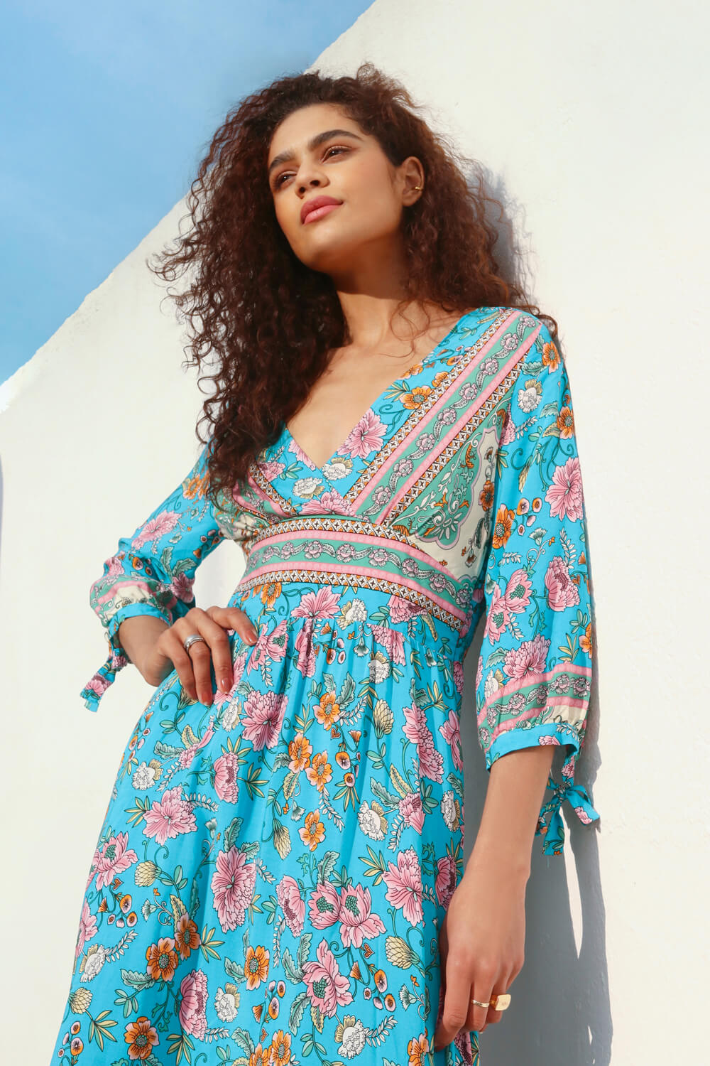 Blue Floral Border Print Maxi Dress, Image 2 of 5